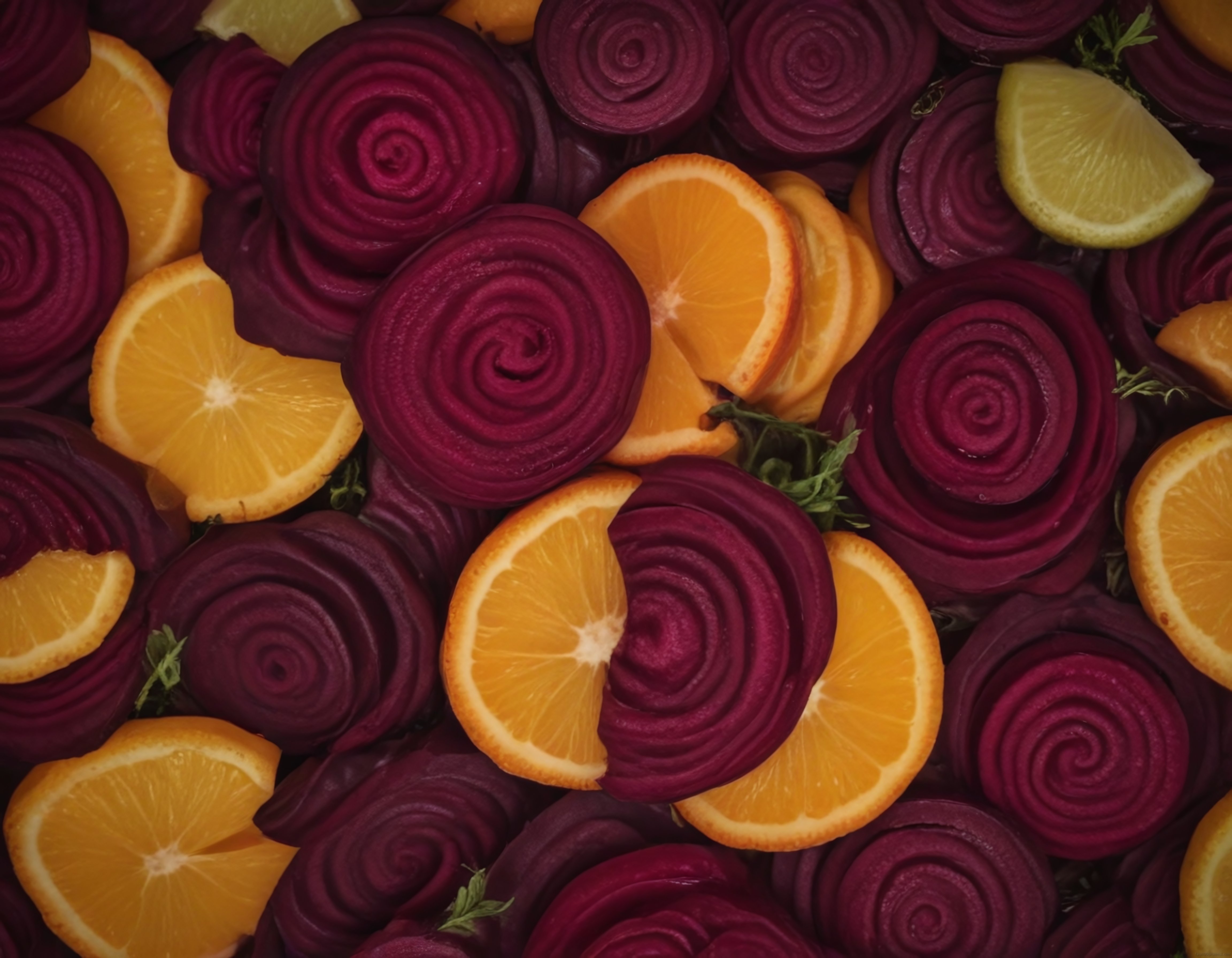 Pancar, Portakal ve Limon Dilimleriyle Renkli Vegan Düz Zemin Yemek Fotoğrafı
