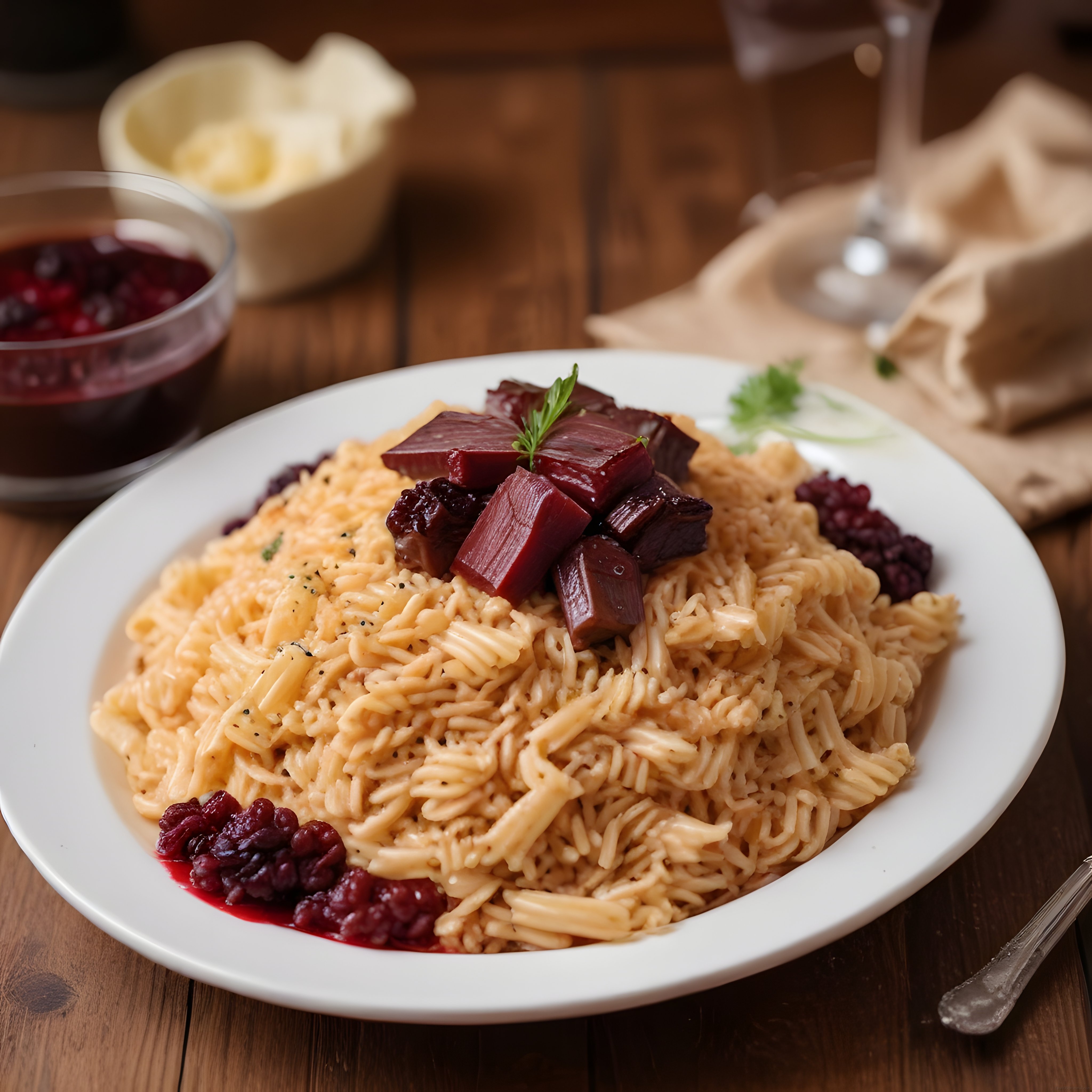Pancarlı Kremalı Arpa Şehriye Pilavı ve Kızılcık Soslu Rustik Masa Sunumu