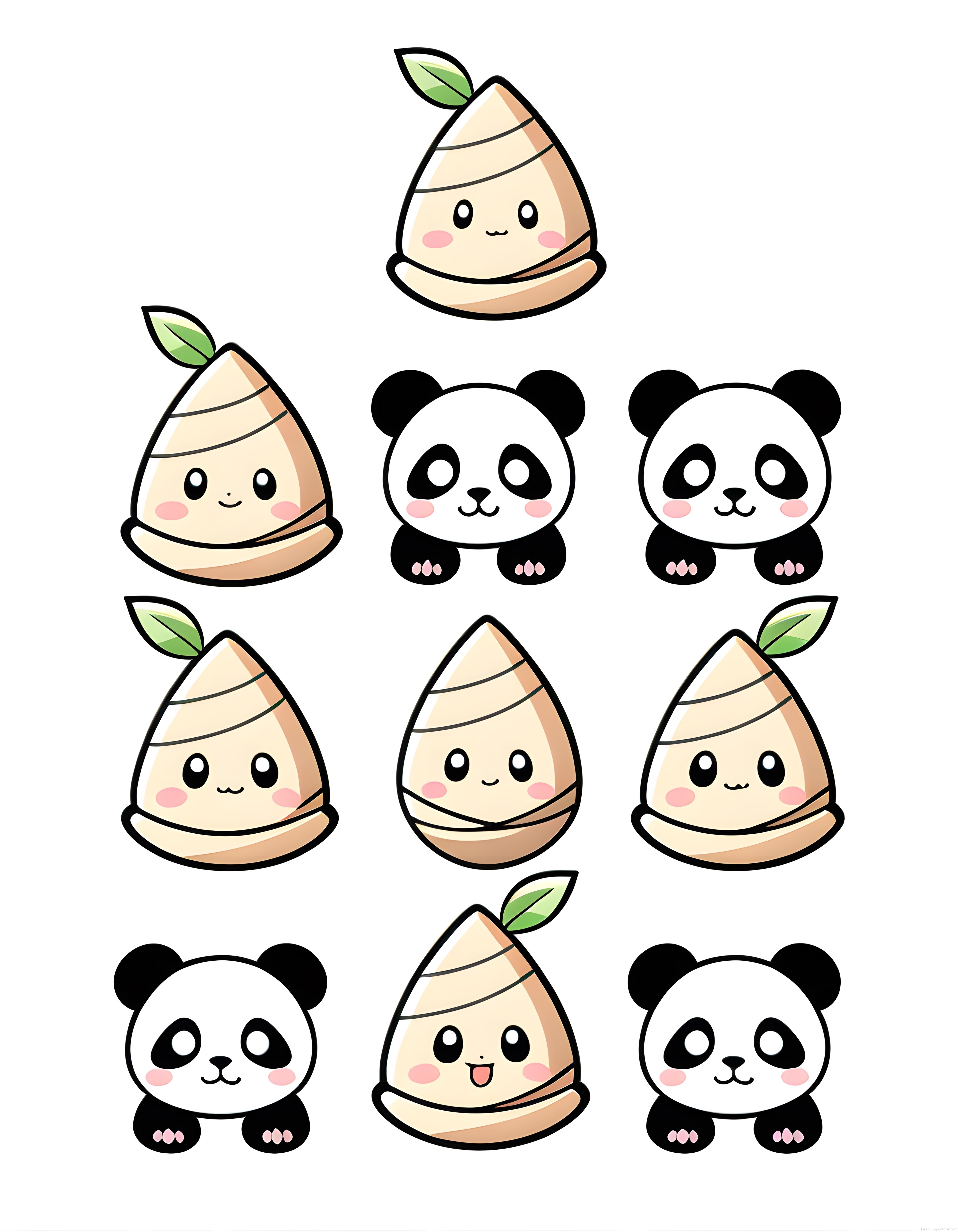 Panda ve Bambu Filizi Sevimli Kawaii Karakter Vektör Çizim Seti