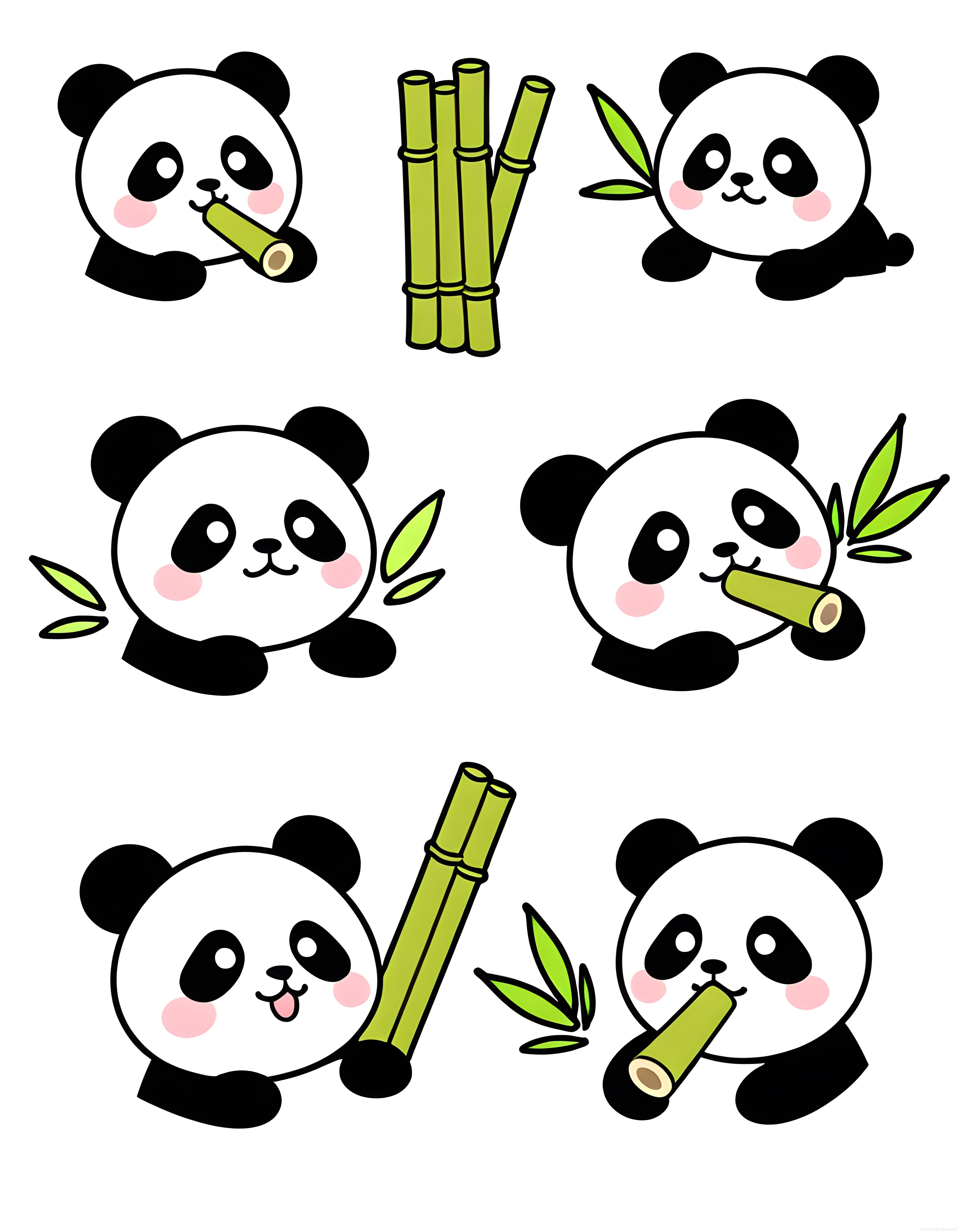 Panda ve Bambu Temalı Sevimli Kawaii Vektör Çizim Sticker Seti