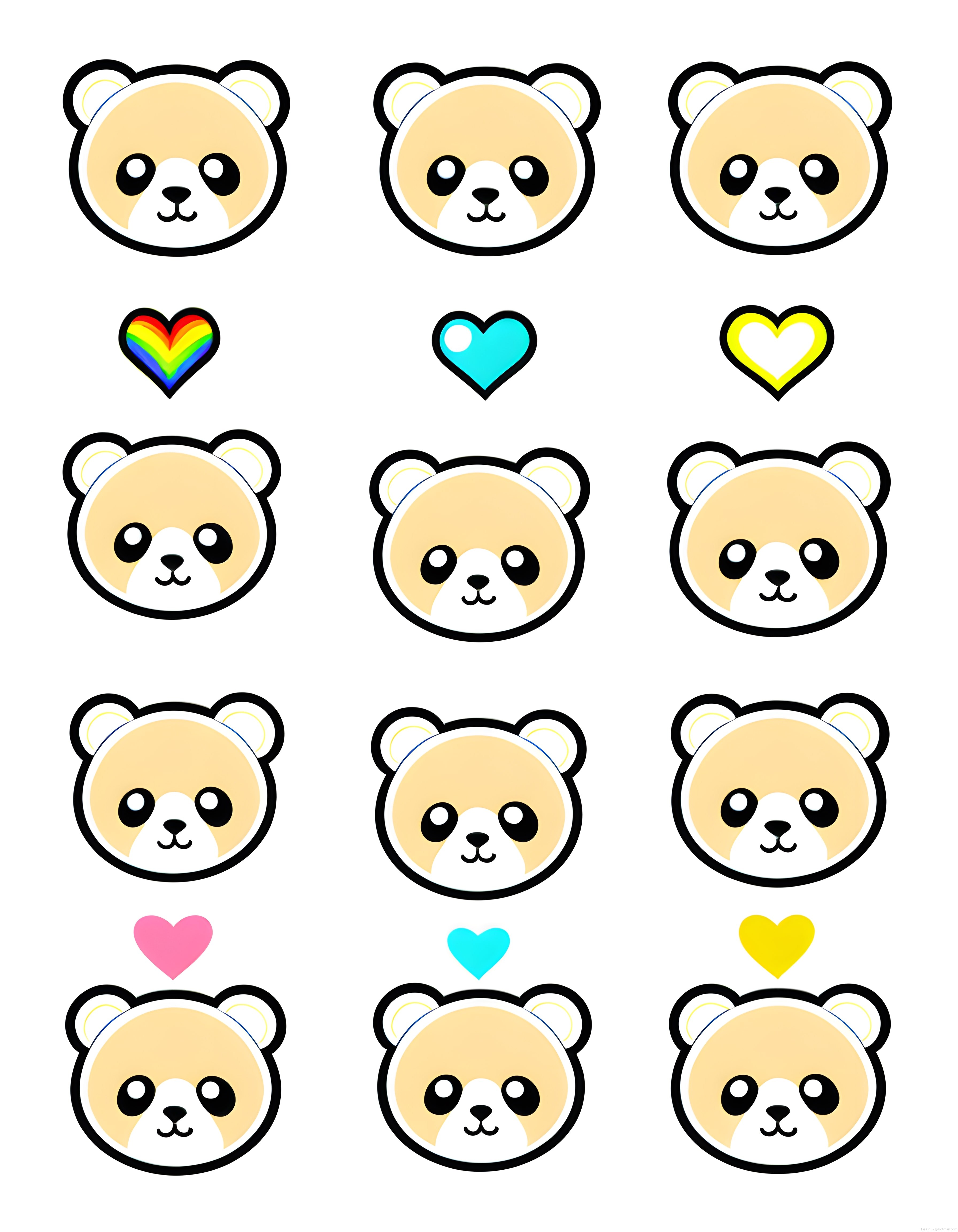 Panda Yüzü ve Renkli Kalplerden Oluşan Sevimli Kawaii Vektör Sticker Seti