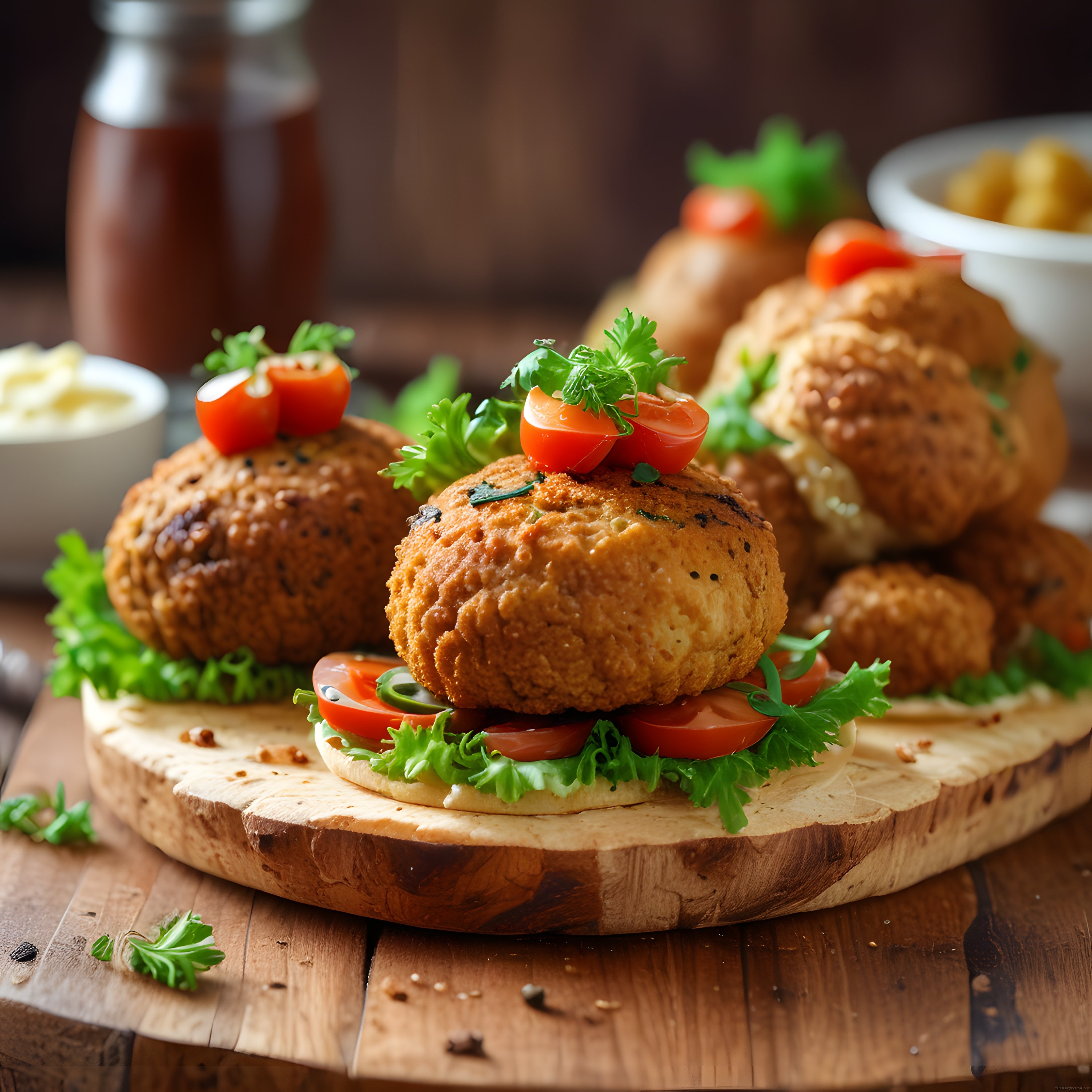 Pane Kaplı Çıtır Köfteler ve Taze Sebzelerle Nefis Ahşap Sunum