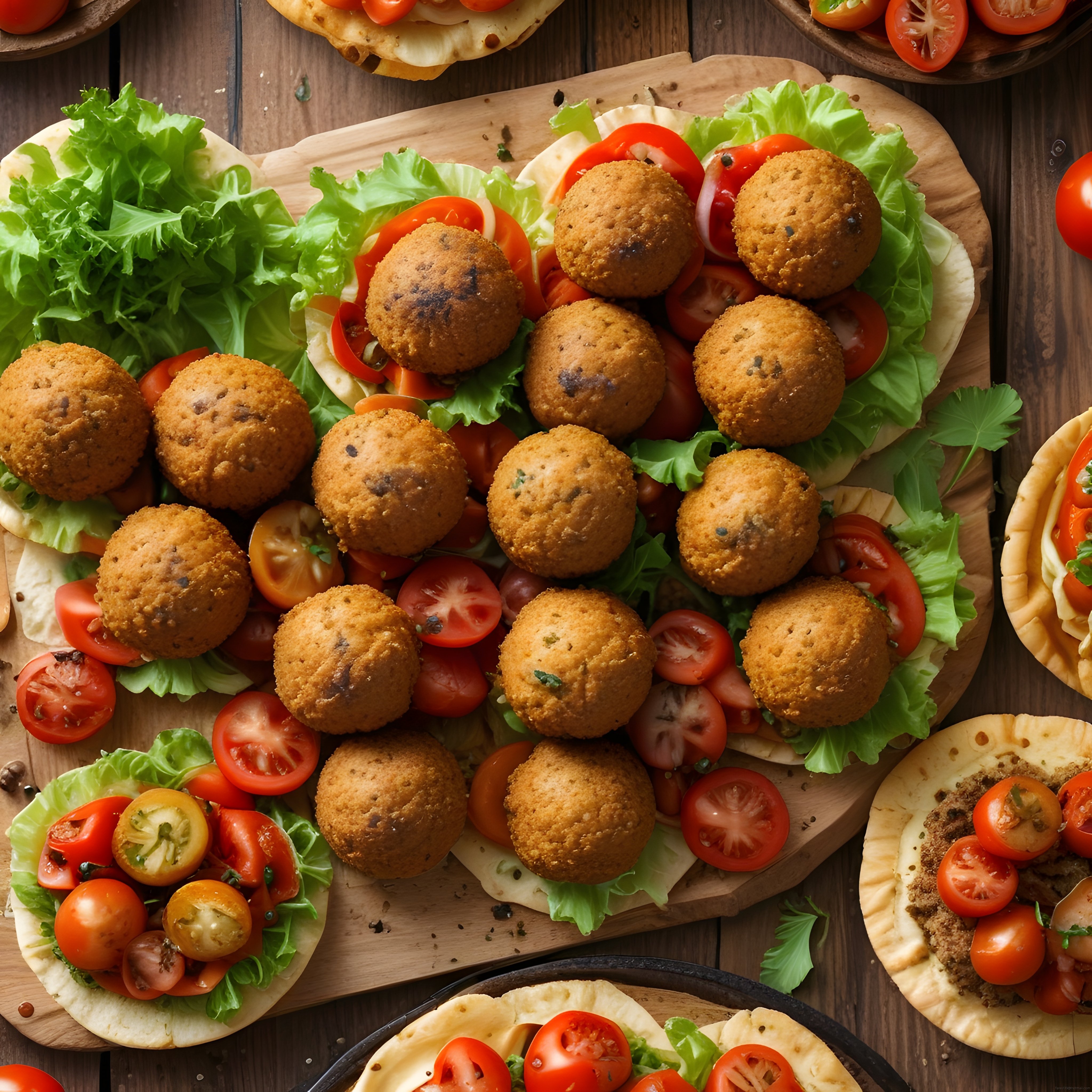 Pane Kaplı Kızarmış Toplar ve Taze Sebzelerle Şık Ahşap Sunum Tabağı
