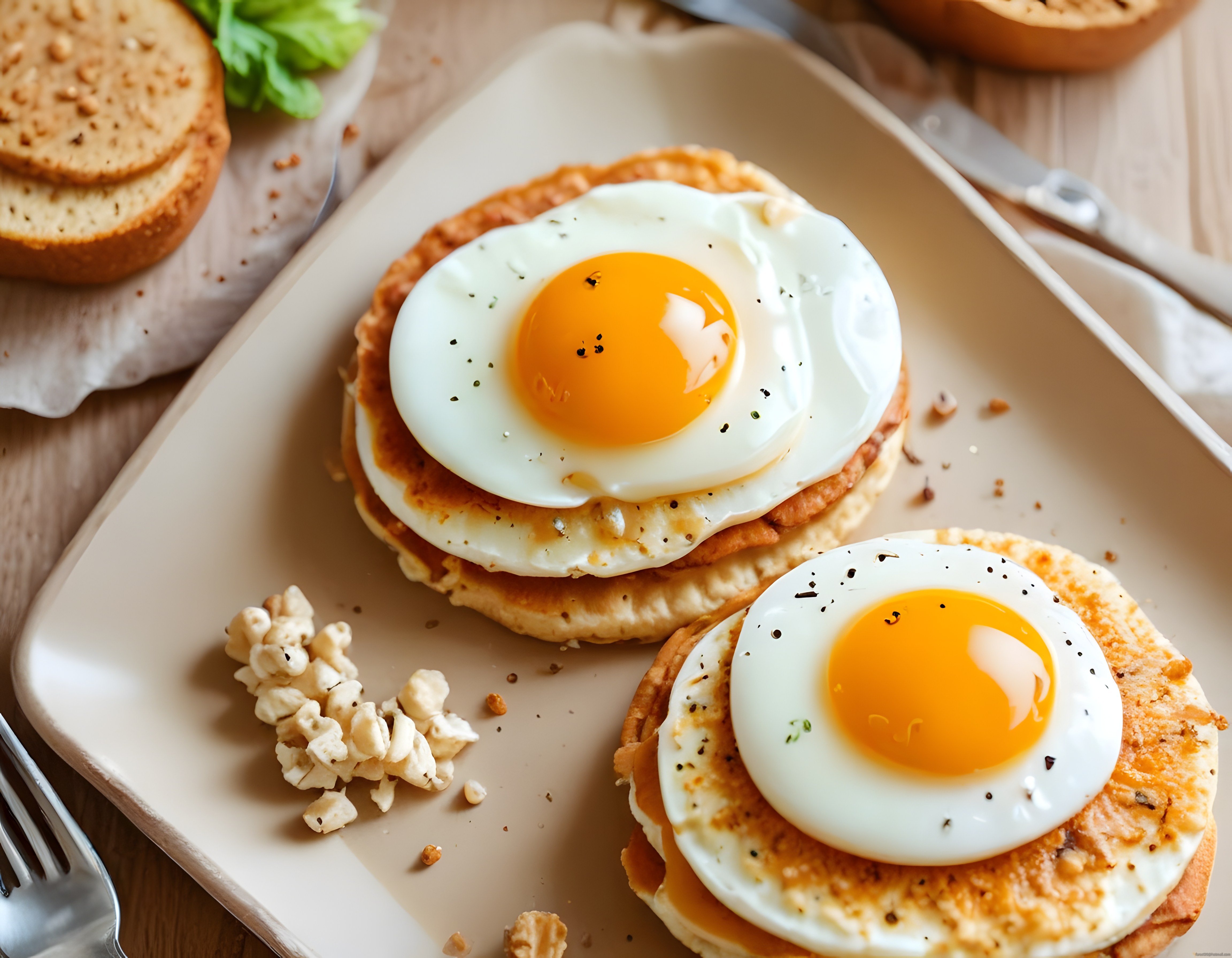 Pankek Üzerinde Sahan Yumurta ve Lor Peynirli Kahvaltı Tabağı