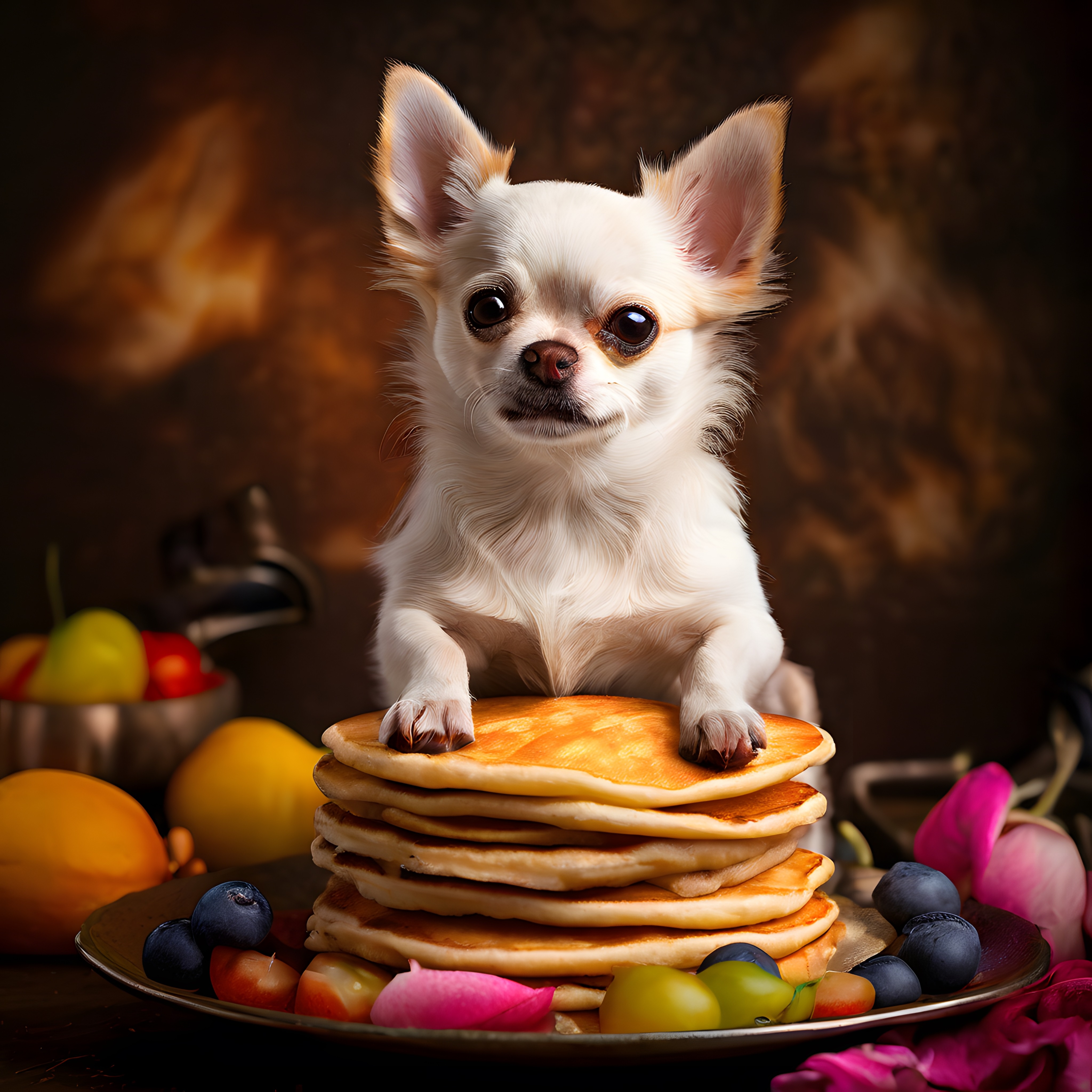 Pannkek Kulesinin Üzerinde Oturan Sevimli Beyaz Chihuahua Köpeği
