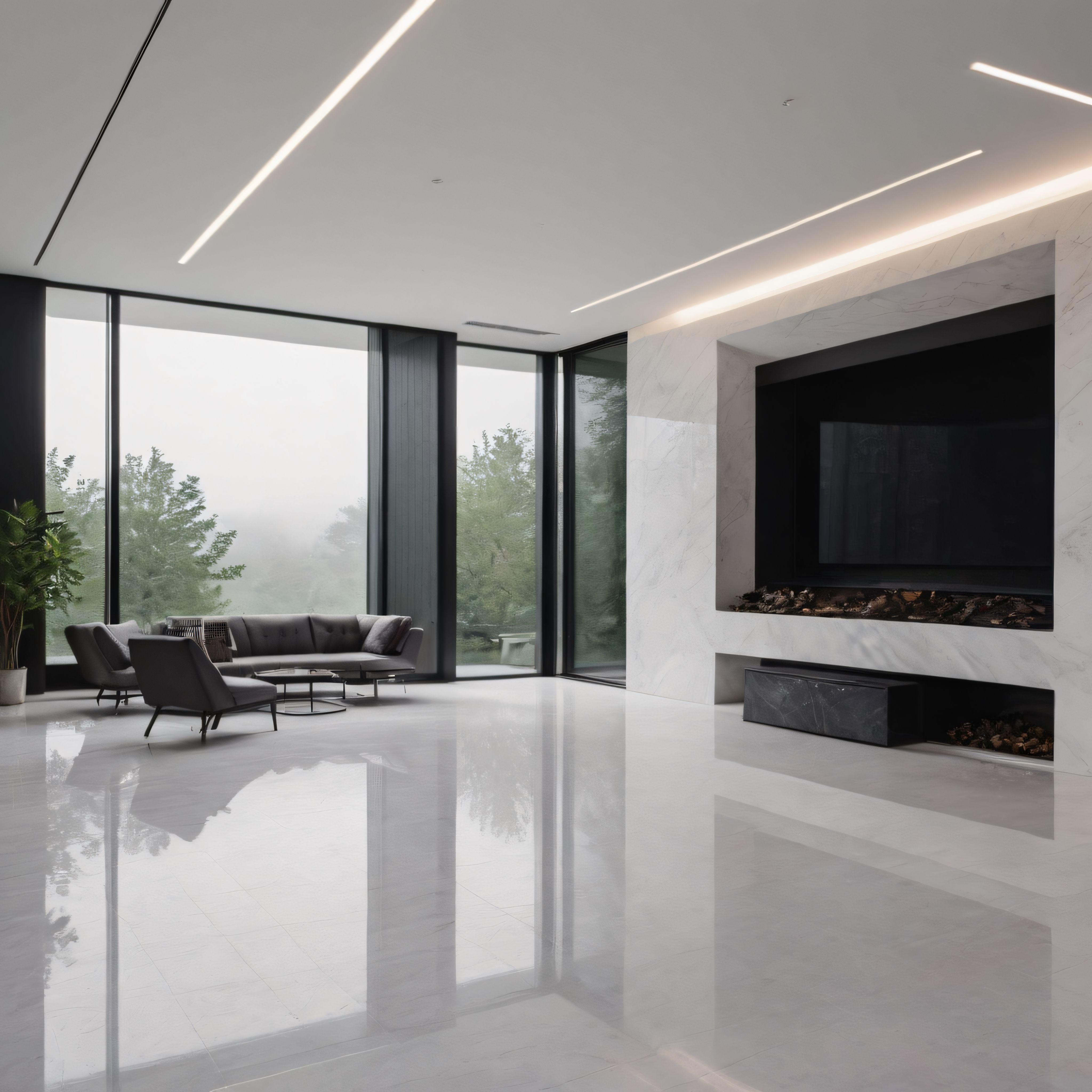 Panoramik cam duvarlı lüks villa salonu, modern şömine ve orman manzarası