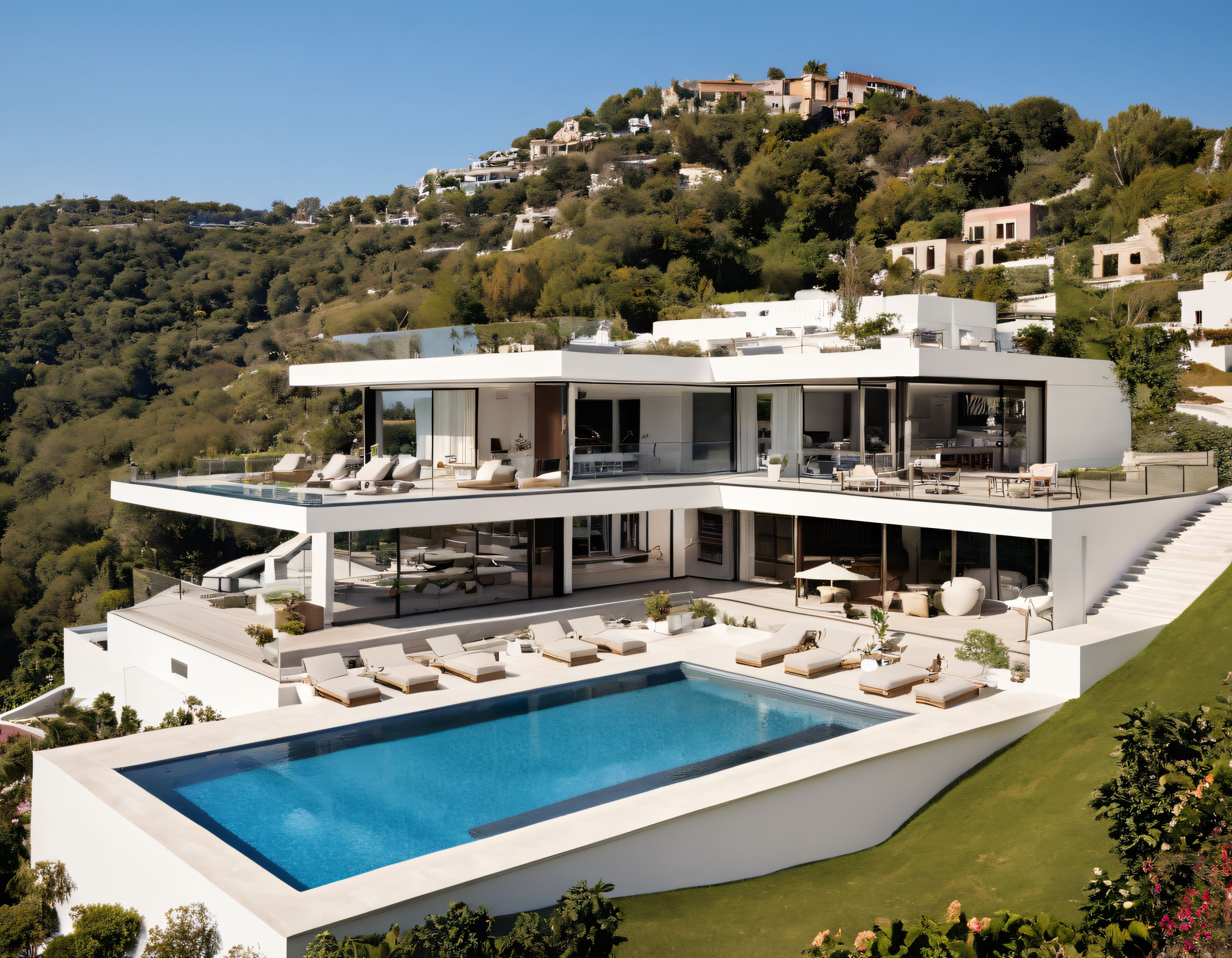 Panoramik Cam Duvarlı Lüks Villa ve Mavi Havuz Manzaralı Teras Keyfi