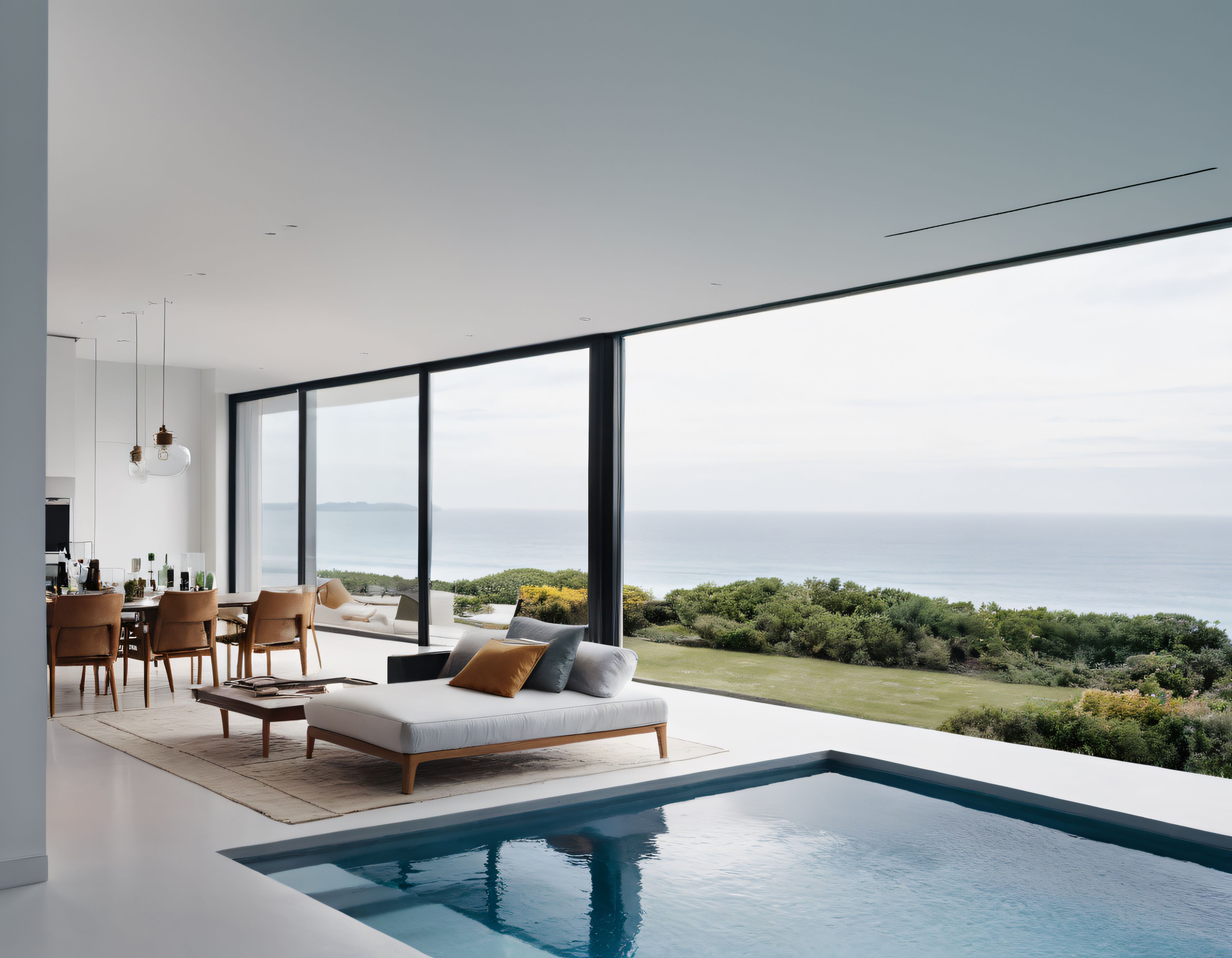 Panoramik deniz manzaralı lüks villa iç mekanı ve sonsuzluk havuzu