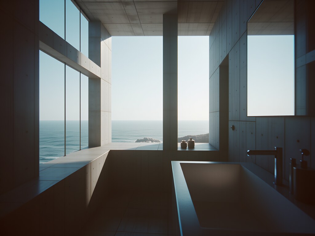 Panoramik Deniz Manzaralı Modern Banyo: Minimalist Tasarım, Huzurlu Atmosfer