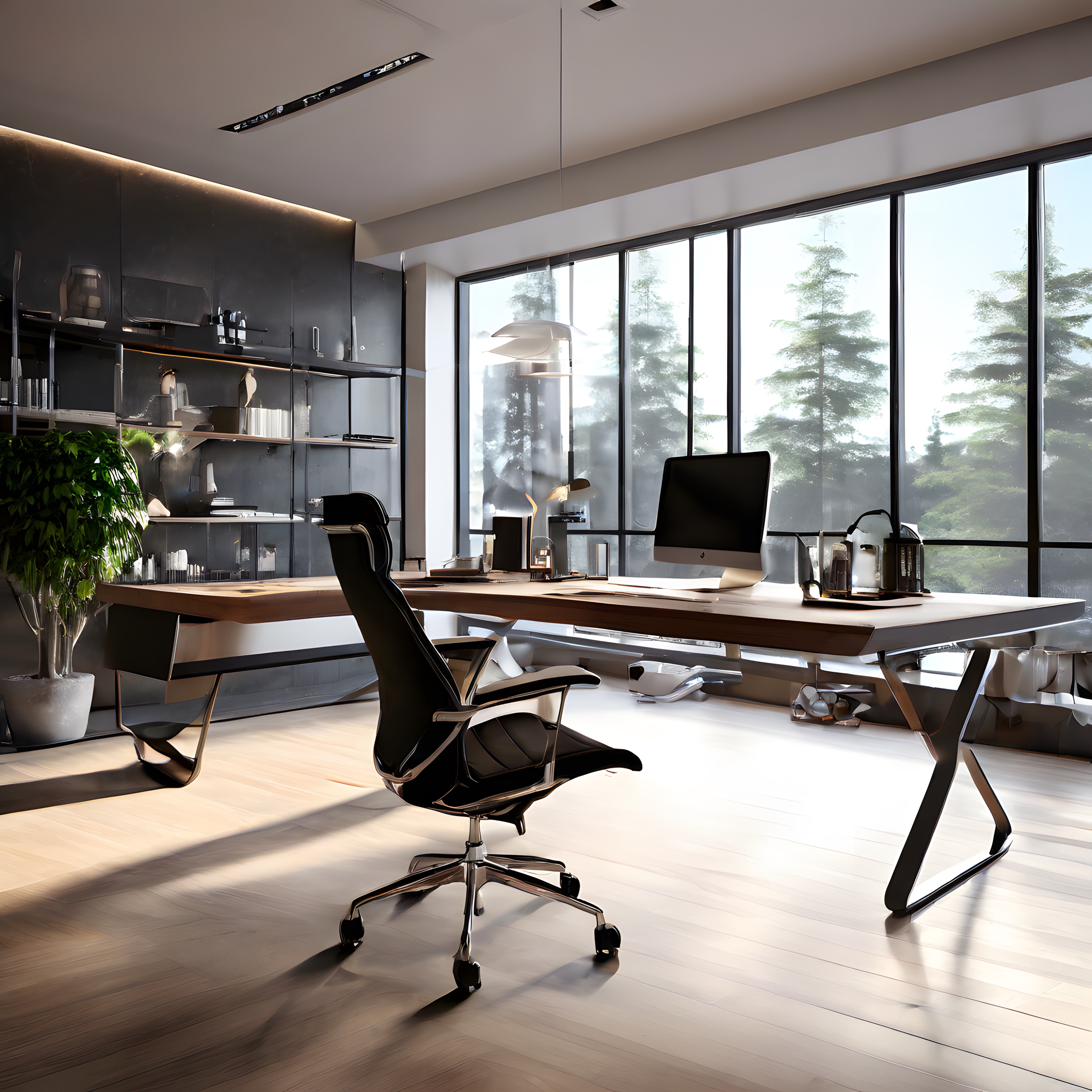 Panoramik Doğa Manzaralı Modern Ev Ofisi ve Minimalist Çalışma Tasarımı