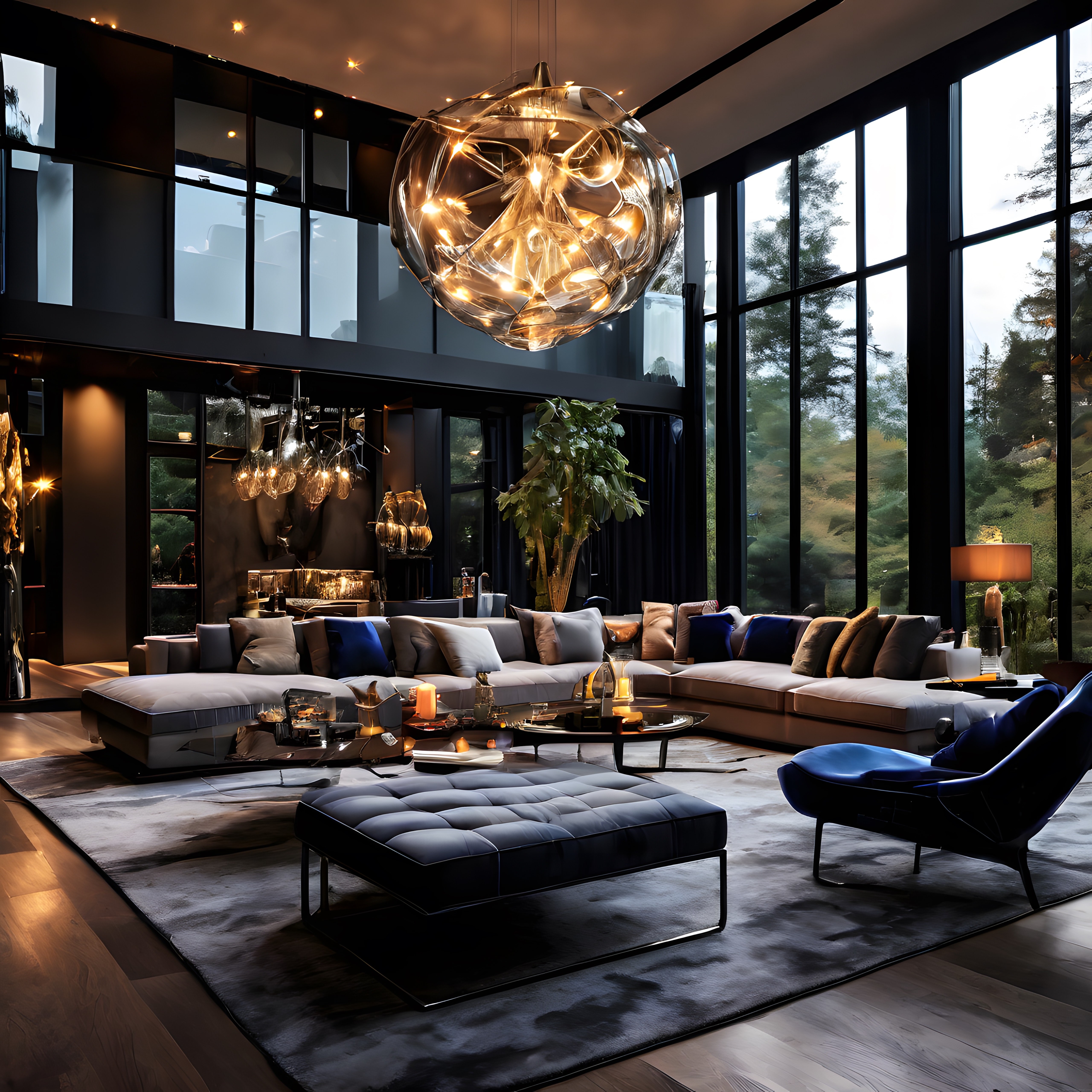 Panoramik Doğa Manzaralı Yüksek Tavanlı Lüks Modern Salon Tasarımı