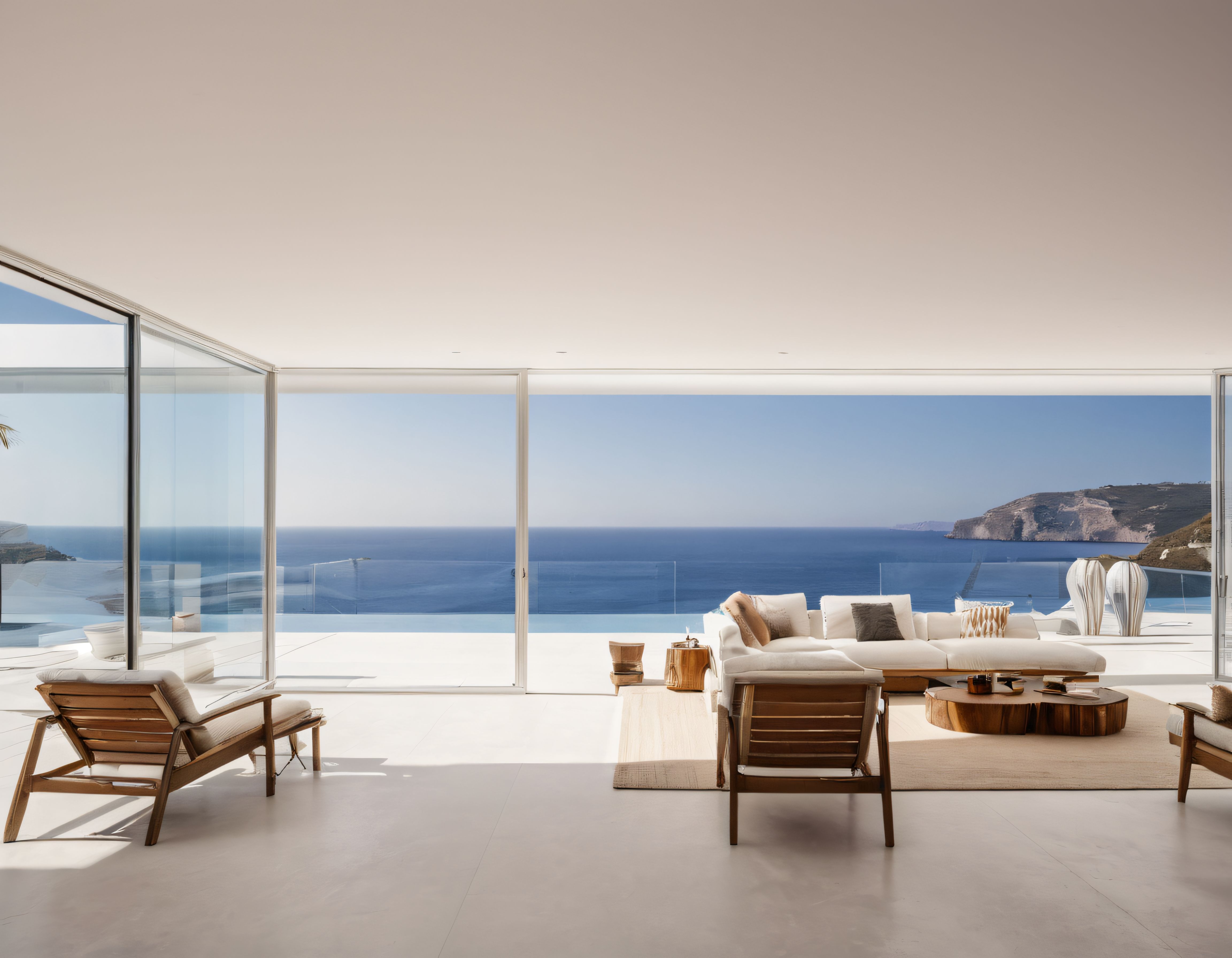 panoramik ege manzaralı lüks villa iç mekanı ve modern teras dekorasyonu