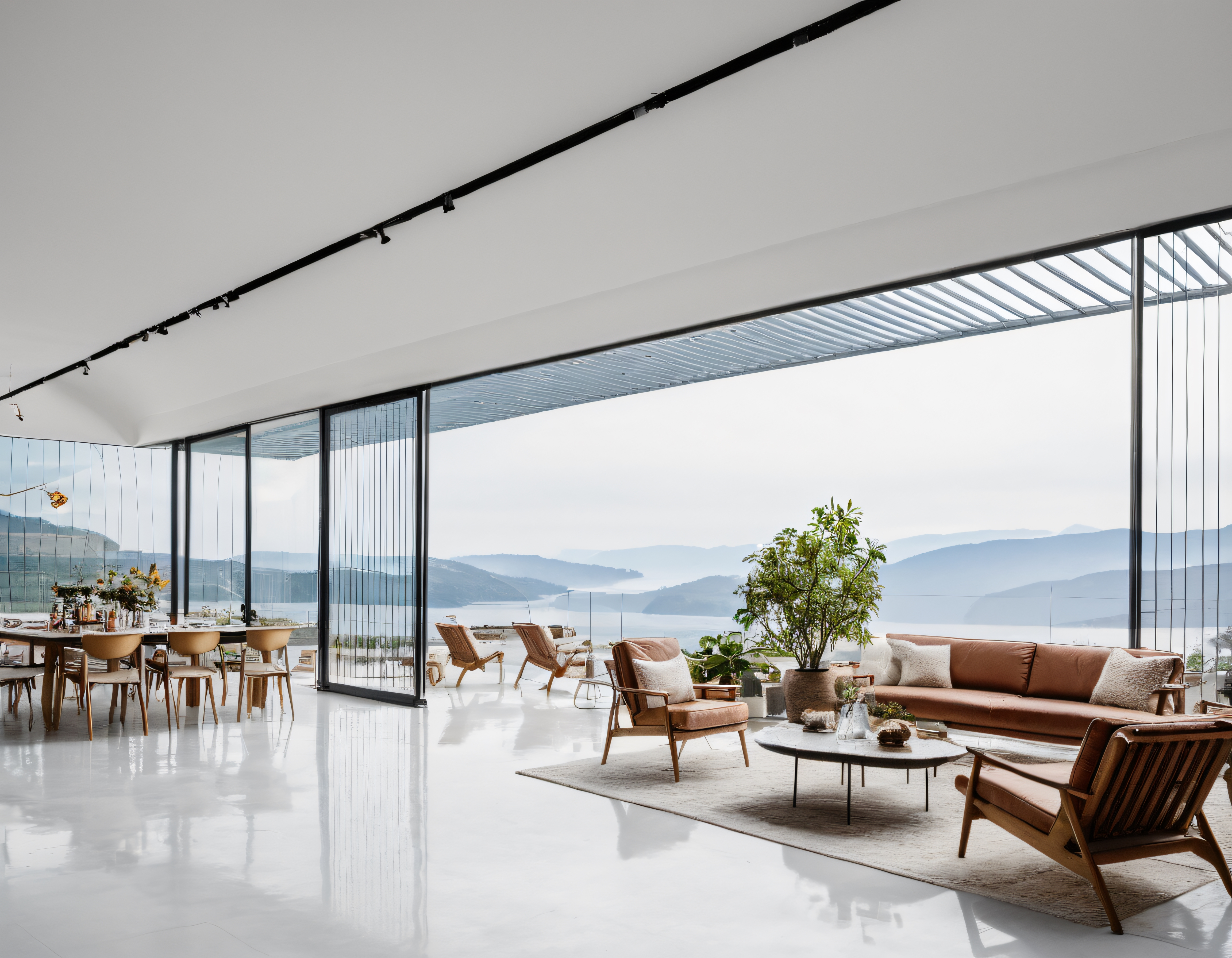 Panoramik Göl Manzaralı Lüks Modern Villa Salonu ve Açık Plan Dekorasyon