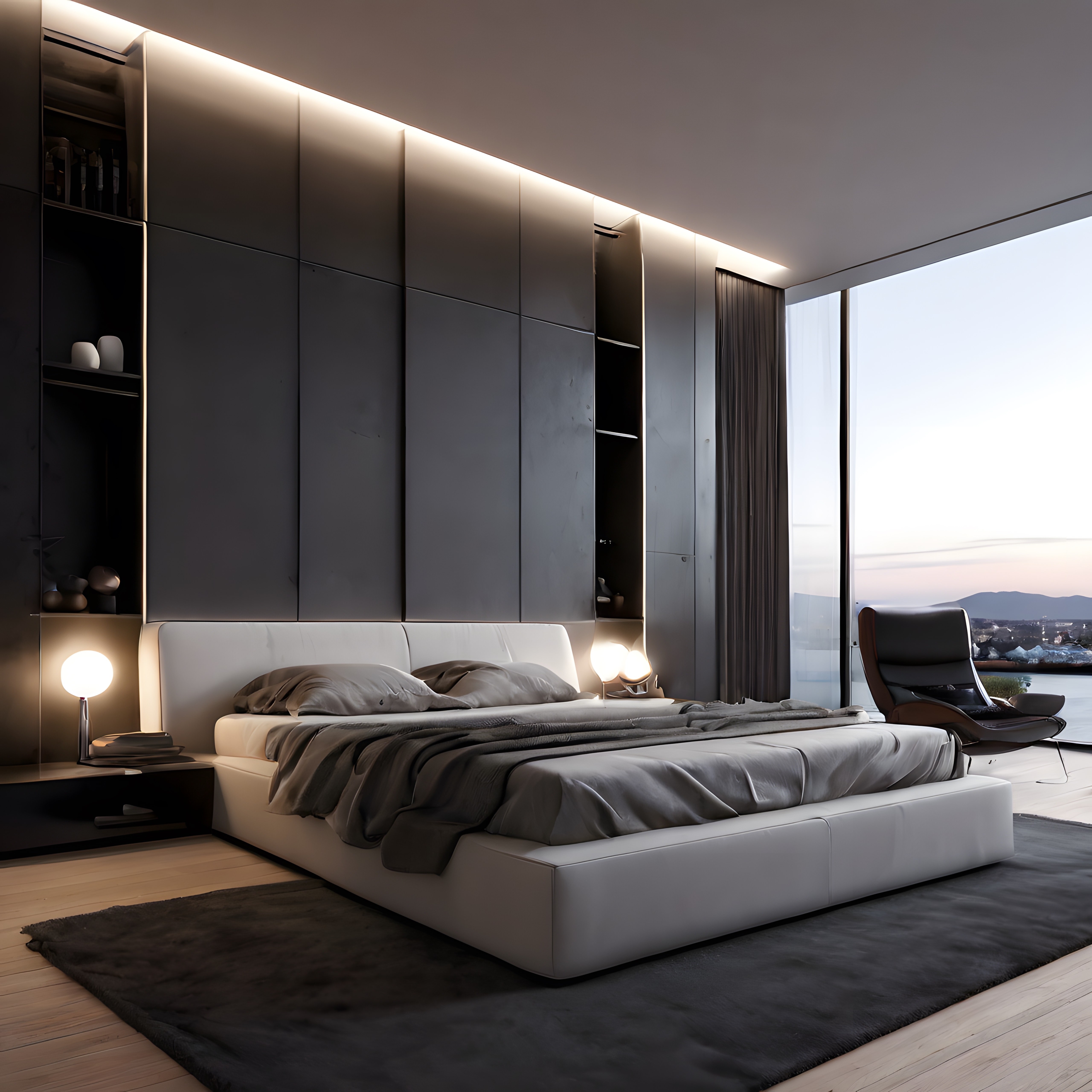 Panoramik Göl Manzaralı Siyah Beyaz Lüks Minimalist Yatak Odası Dekorasyonu