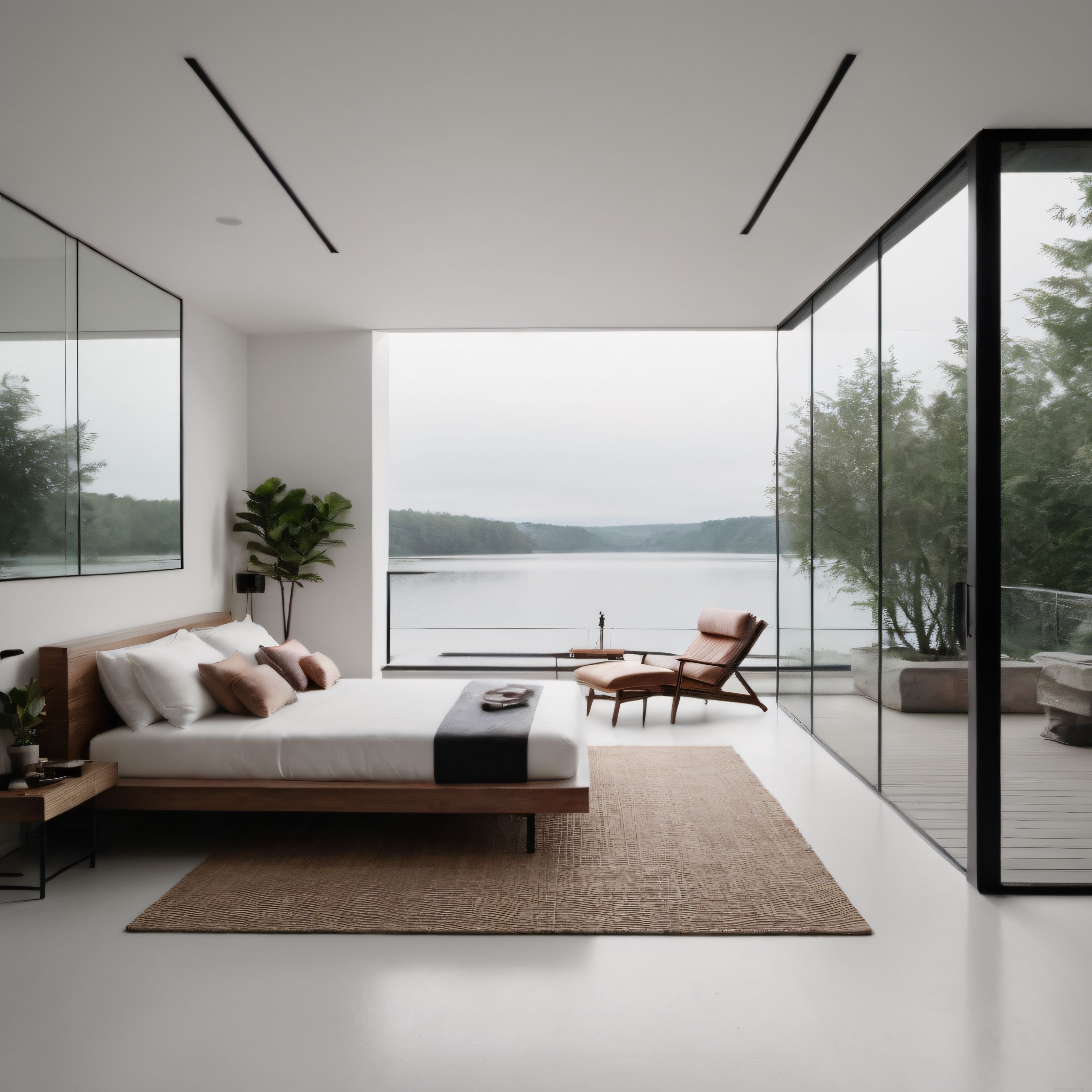 Panoramik göl ve orman manzaralı modern minimalist lüks yatak odası iç mekan dekorasyonu