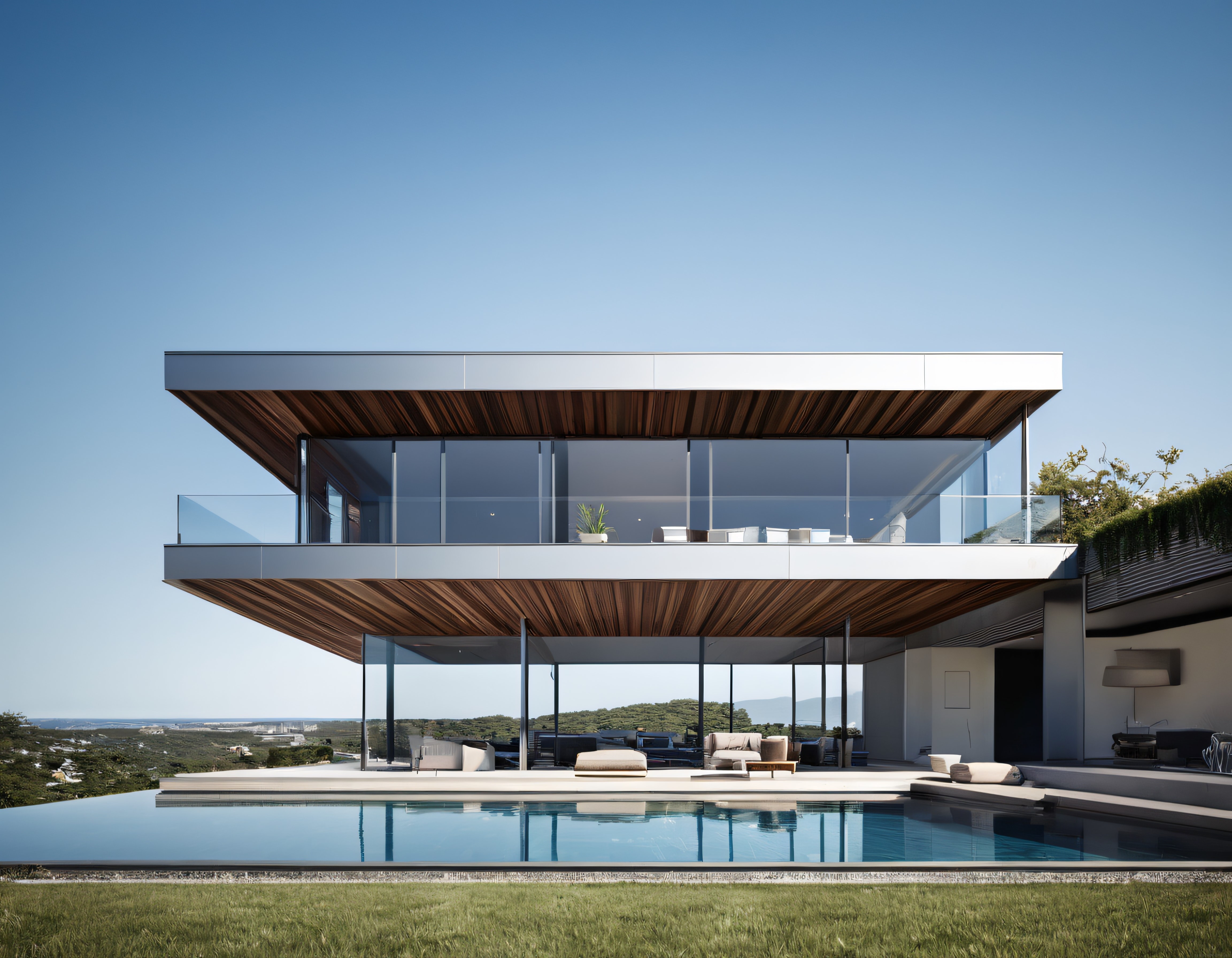 Panoramik manzaralı çift katlı modern villa ve sonsuzluk havuzu mimarisi