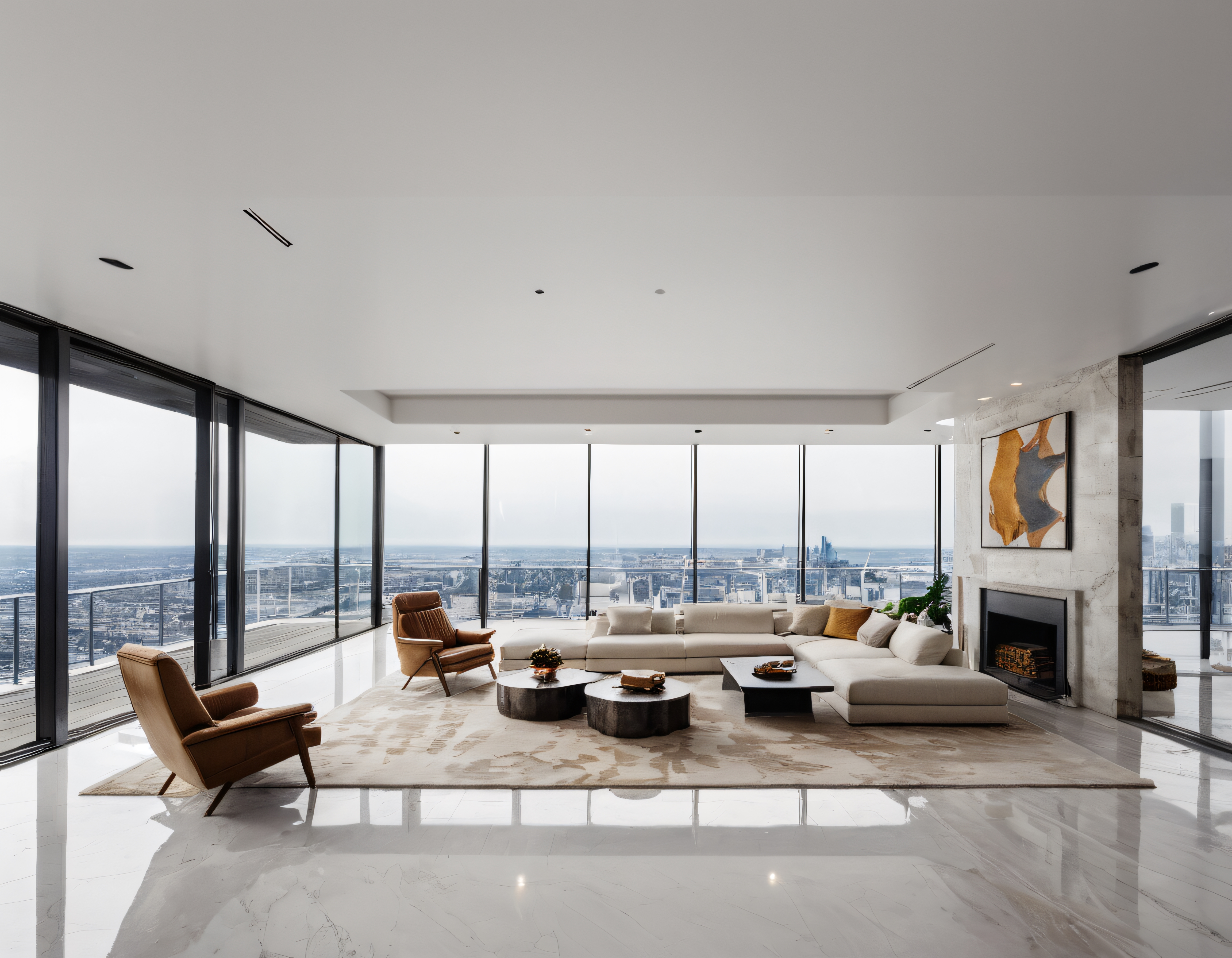 Panoramik Manzaralı Lüks Penthouse: Modern Salon Dekorasyonu ve Şömine