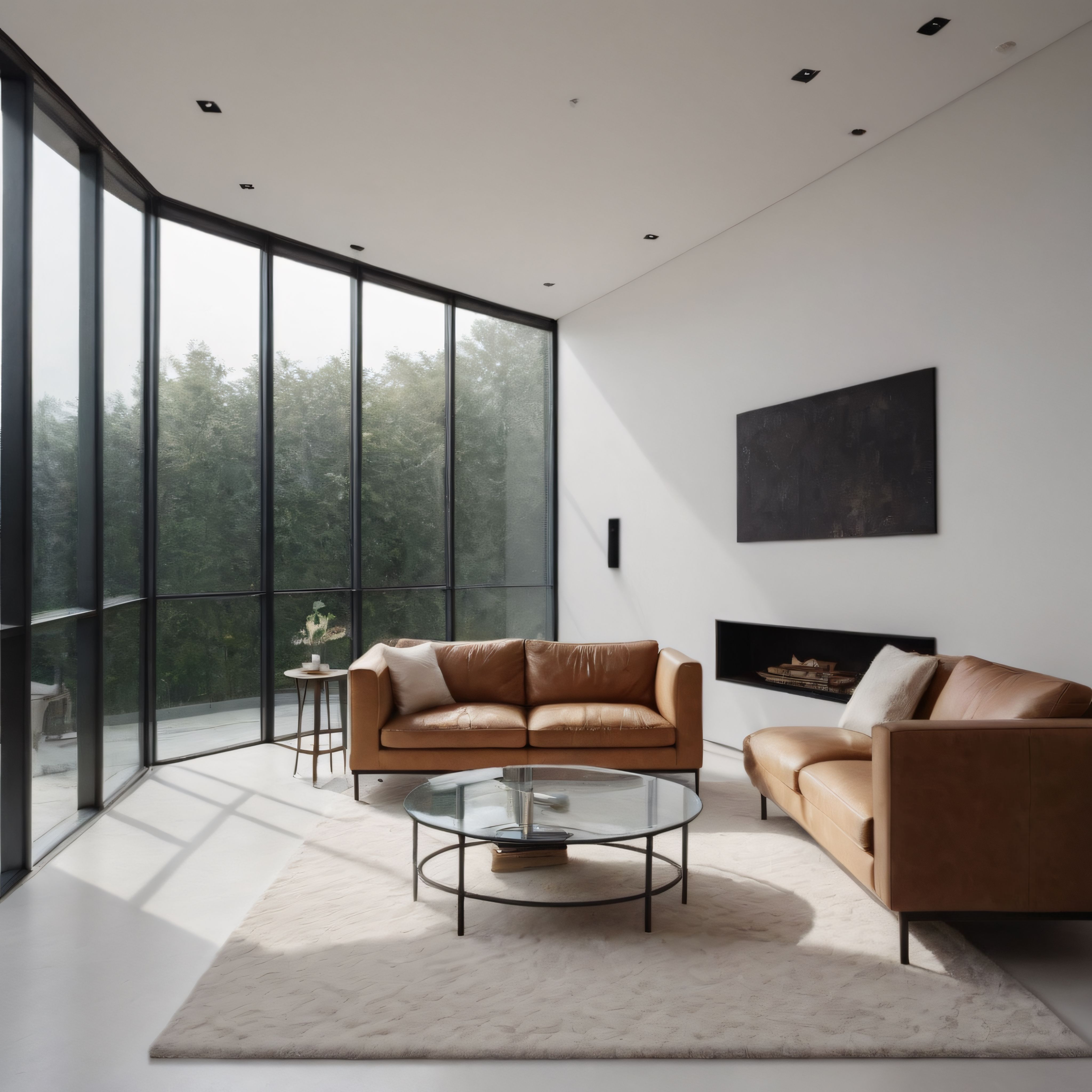 Panoramik Orman Manzaralı Minimalist Modern Oturma Odası ve Şömine Tasarımı