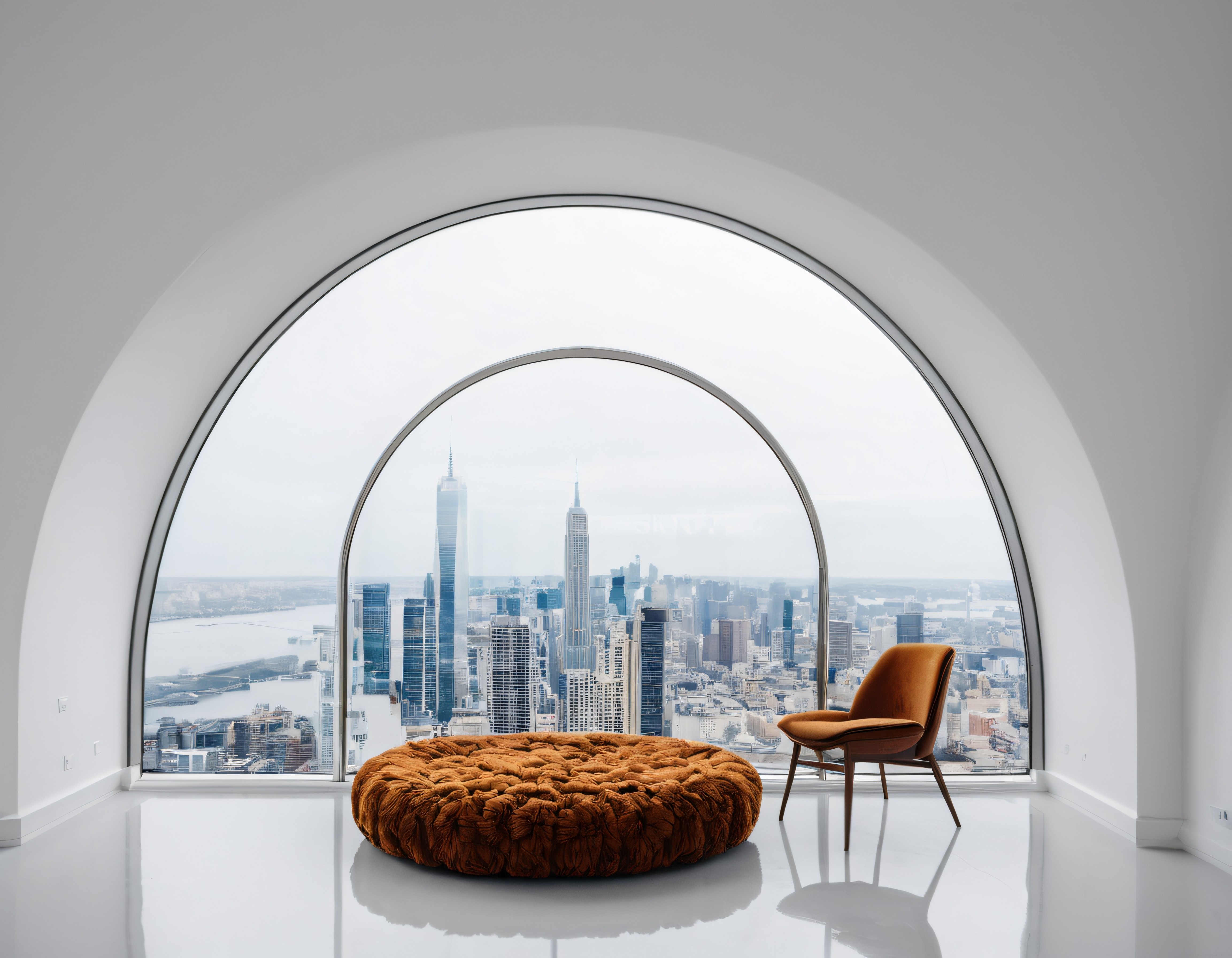 Panoramik Pencere ve Gökdelen Manzaralı Minimalist İç Mekan Tasarımı