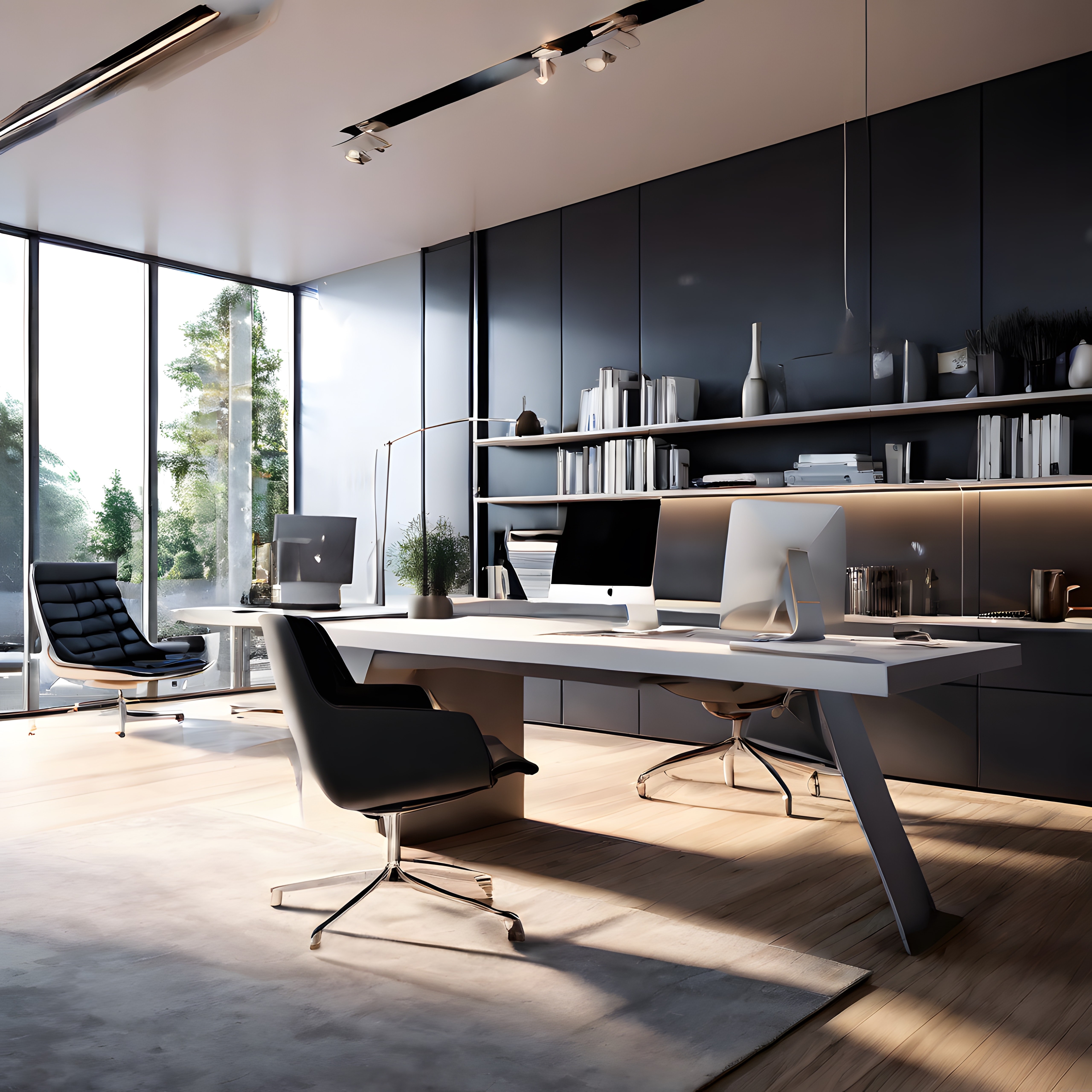 Panoramik Pencereli Lüks Modern Ofis ve Minimalist Çalışma Alanı Tasarımı