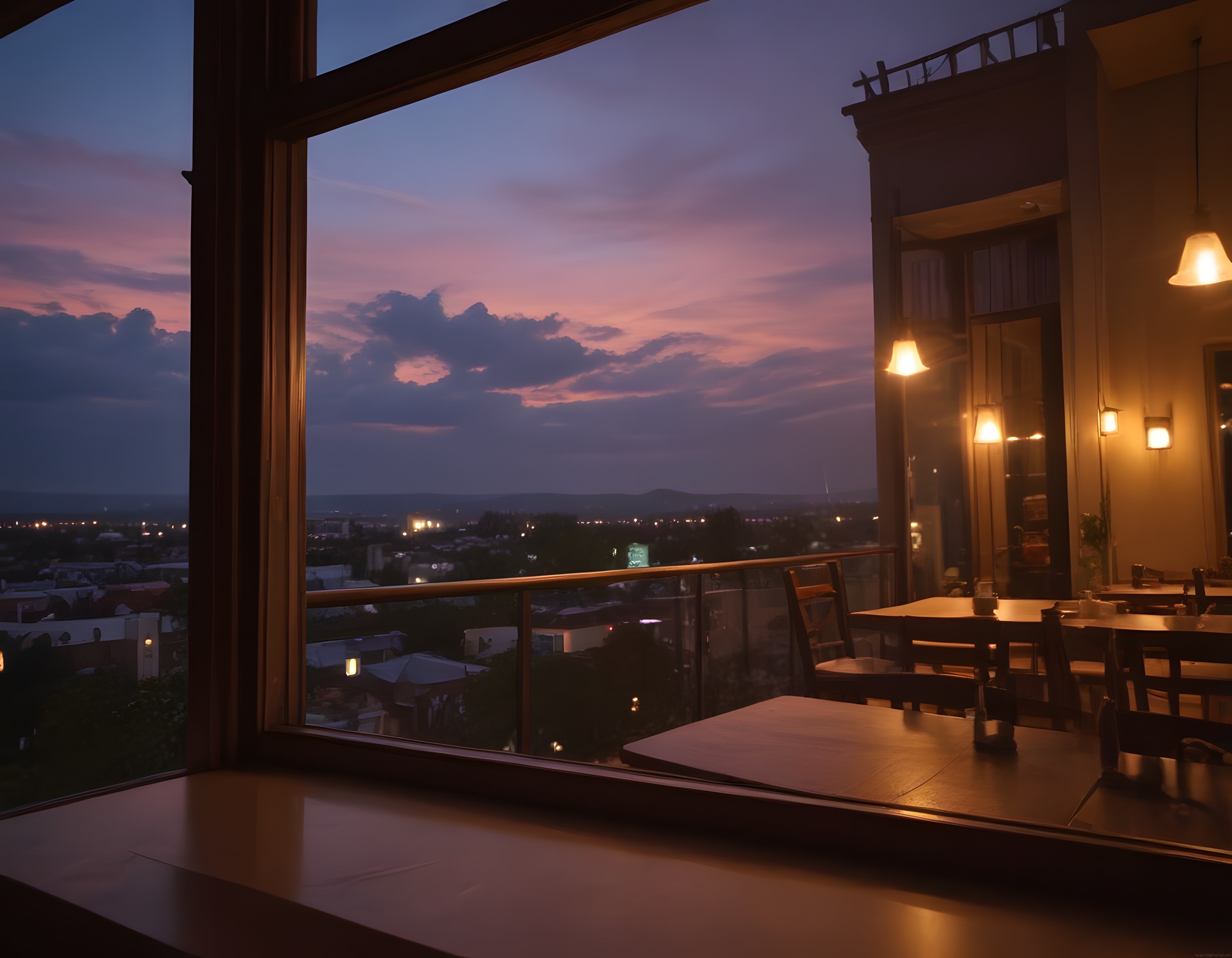 Panoramik Restoran İçinden Büyüleyici Gün Batımı ve Şehir Manzarası