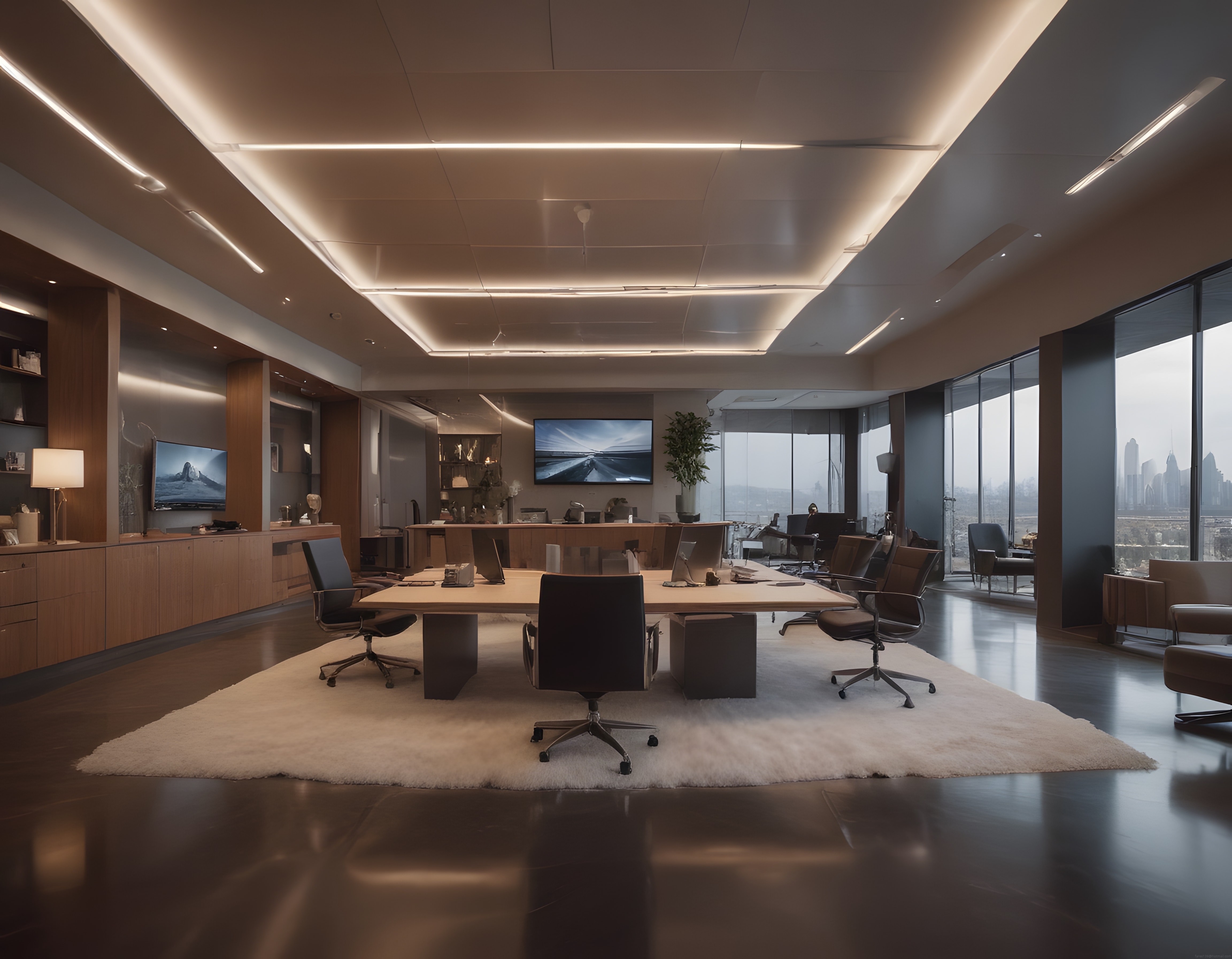 Panoramik şehir manzaralı lüks modern ofis iç mekanı ve çalışma alanı