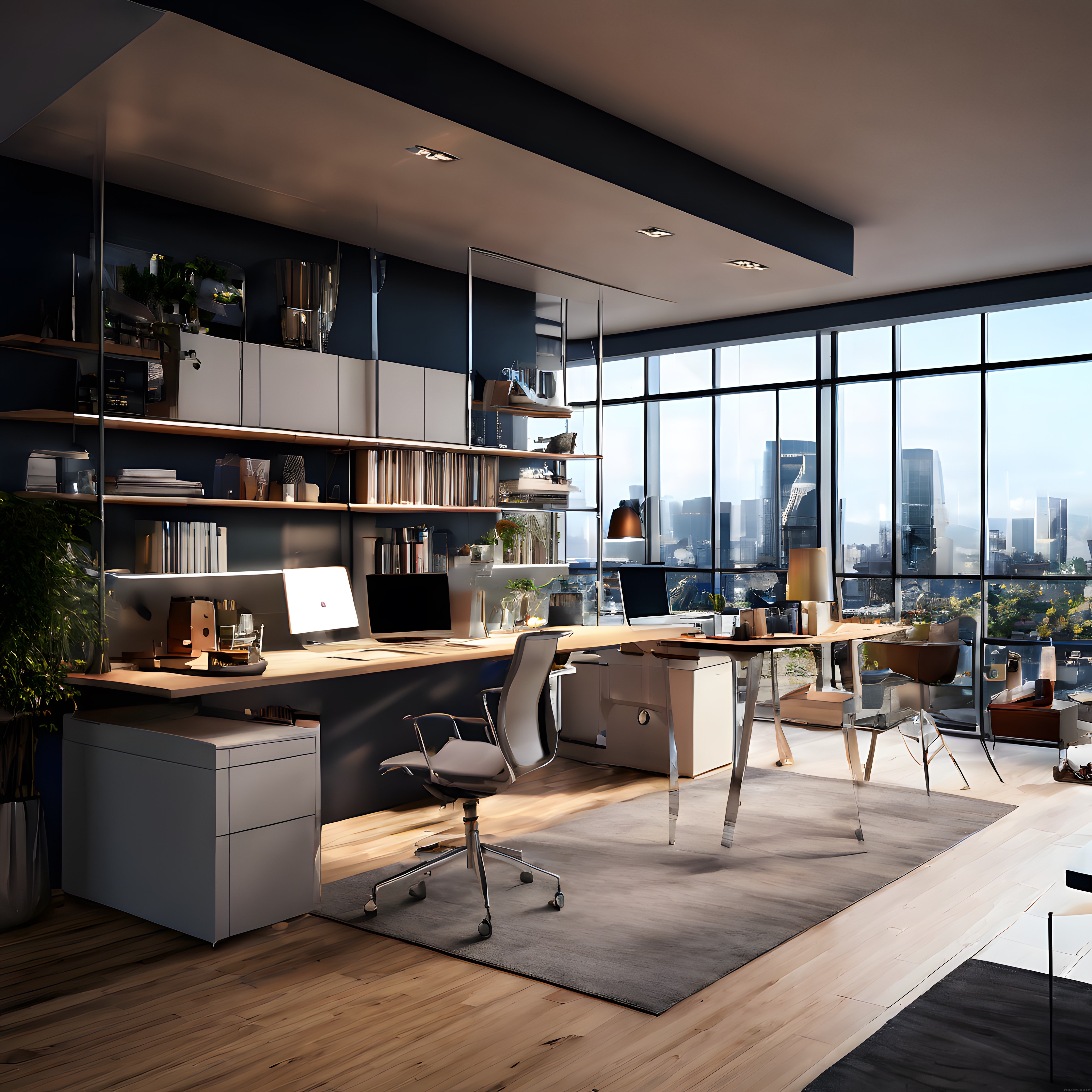 Panoramik Şehir Manzaralı Lüks Modern Ofis ve Çalışma Alanı Tasarımı