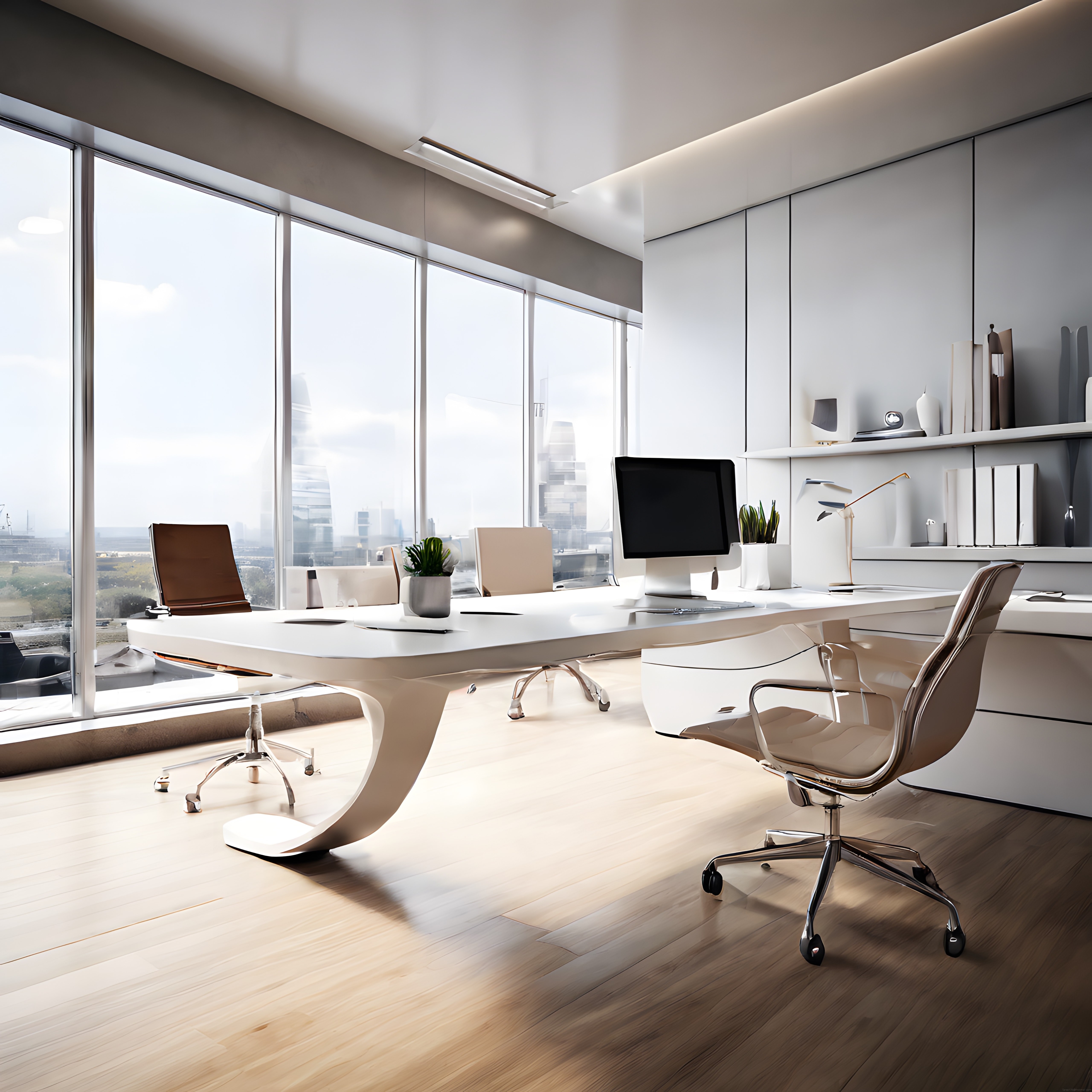 Panoramik Şehir Manzaralı Lüks ve Modern Minimalist Yönetici Ofisi Tasarımı