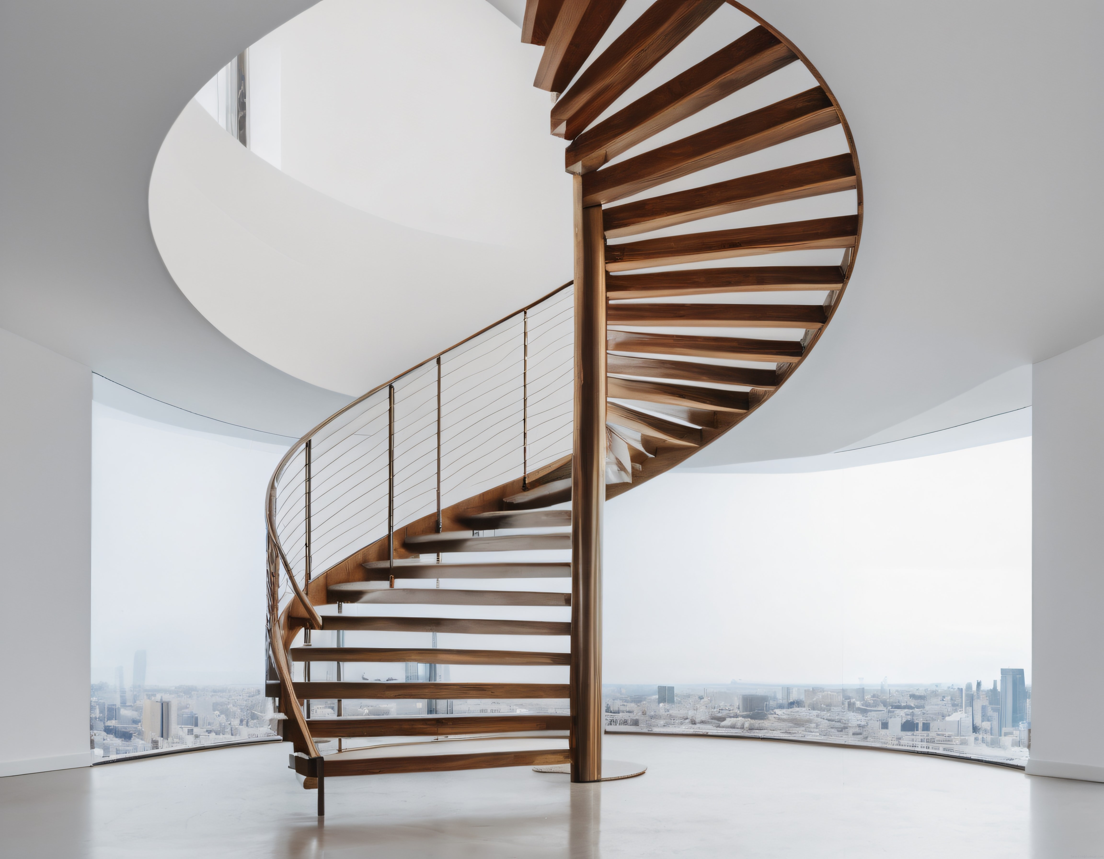 Panoramik Şehir Manzaralı Minimalist İç Mekanda Ahşap Spiral Merdiven