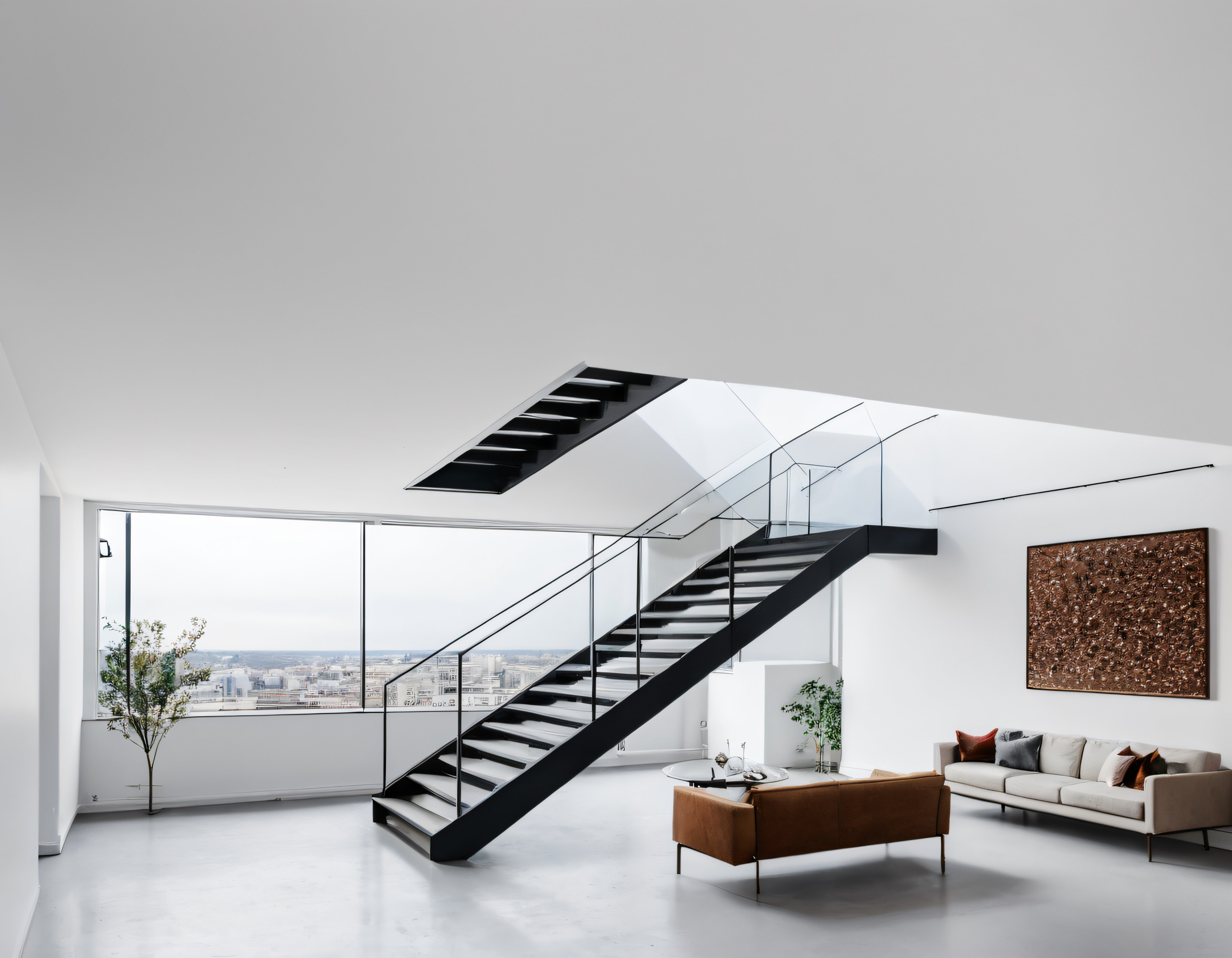 Panoramik Şehir Manzaralı Modern Çatı Katı ve Minimalist Merdiven Tasarımı