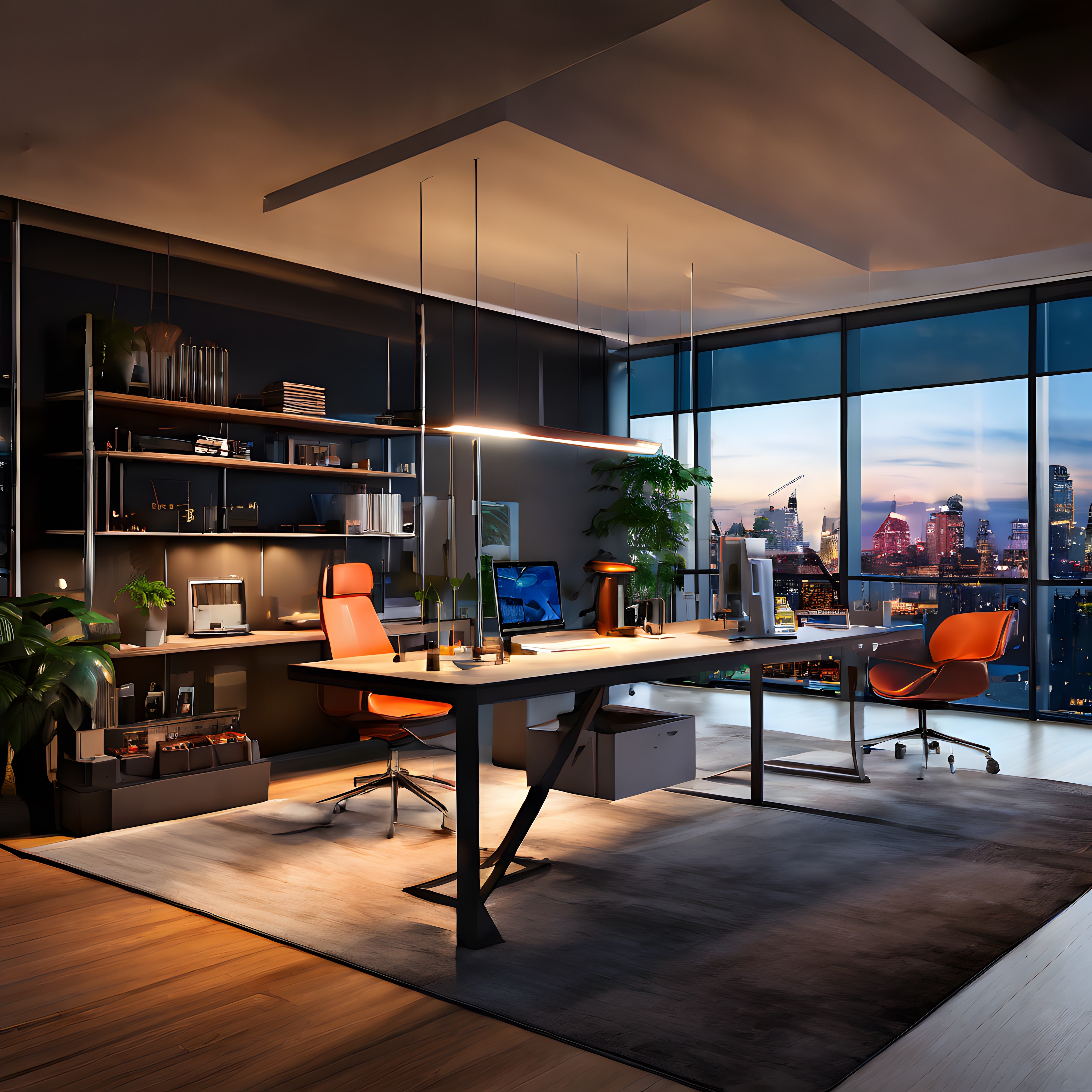 Panoramik Şehir Manzaralı Modern Lüks Ev Ofis Dekorasyonu ve Çalışma Alanı