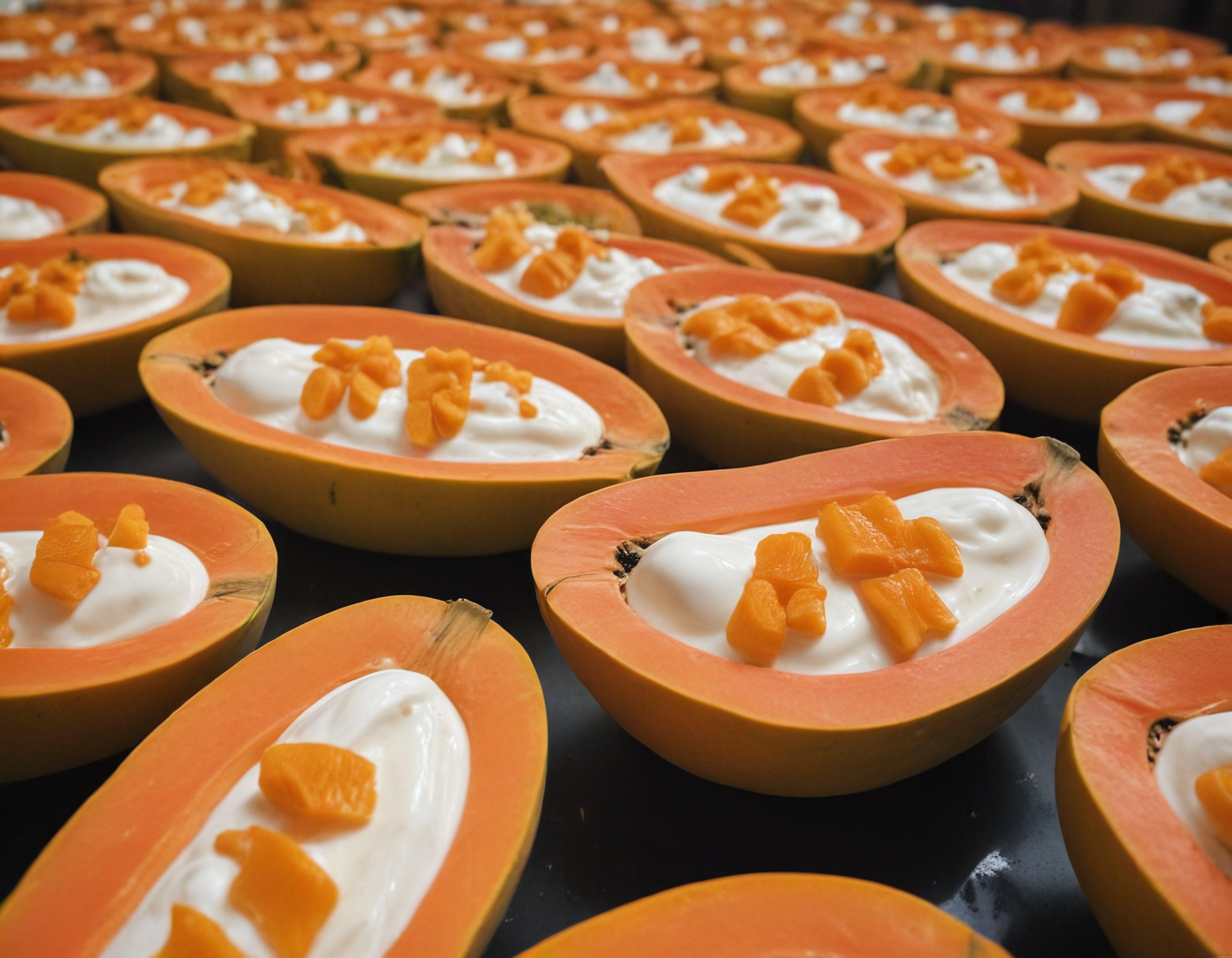 Papaya Çanağında Krema ve Tropikal Meyve Parçaları Sunumu