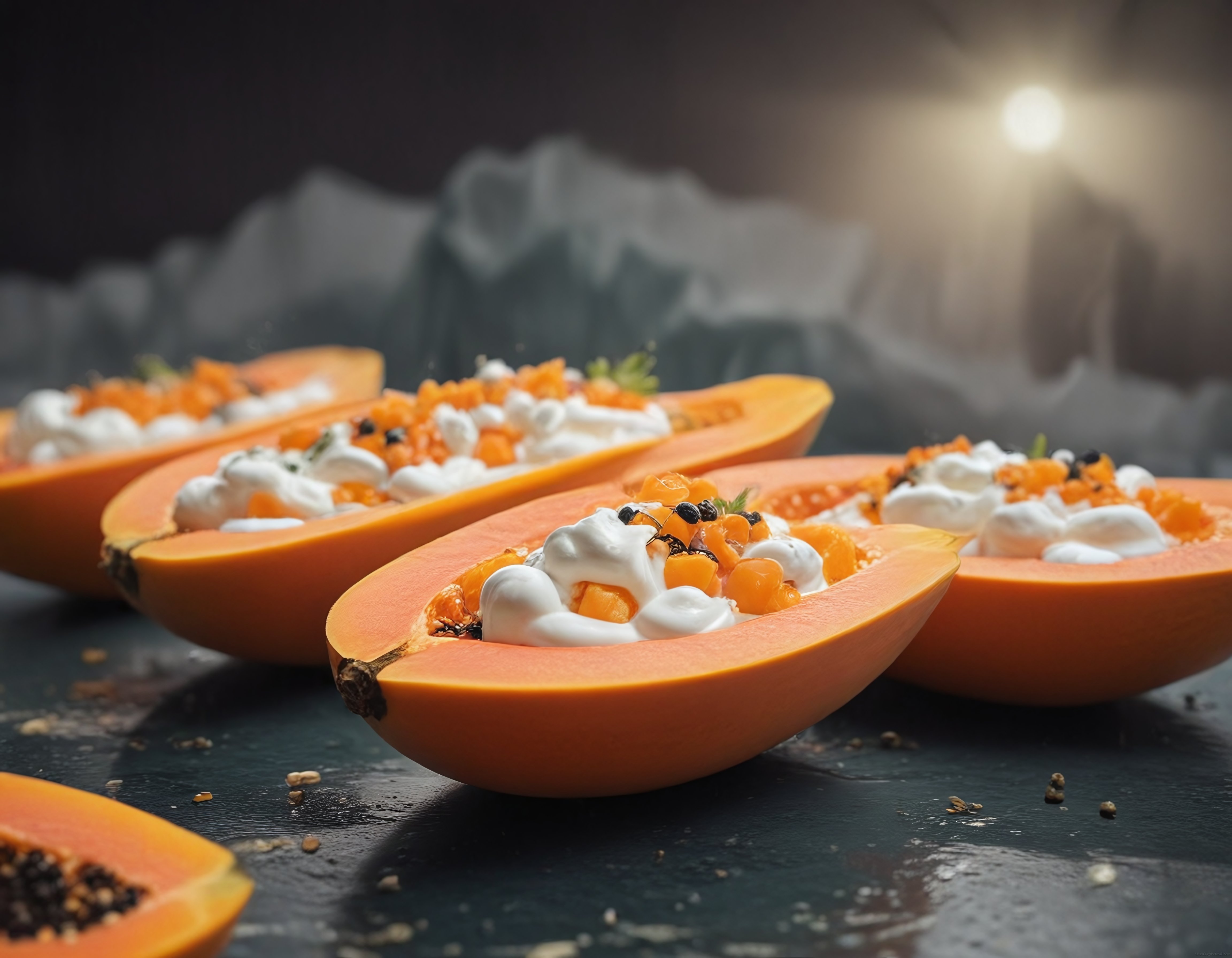 Papaya Dilimleri Üzerinde Krema ve Tropikal Meyve Süslemesi ile Şık Sunum