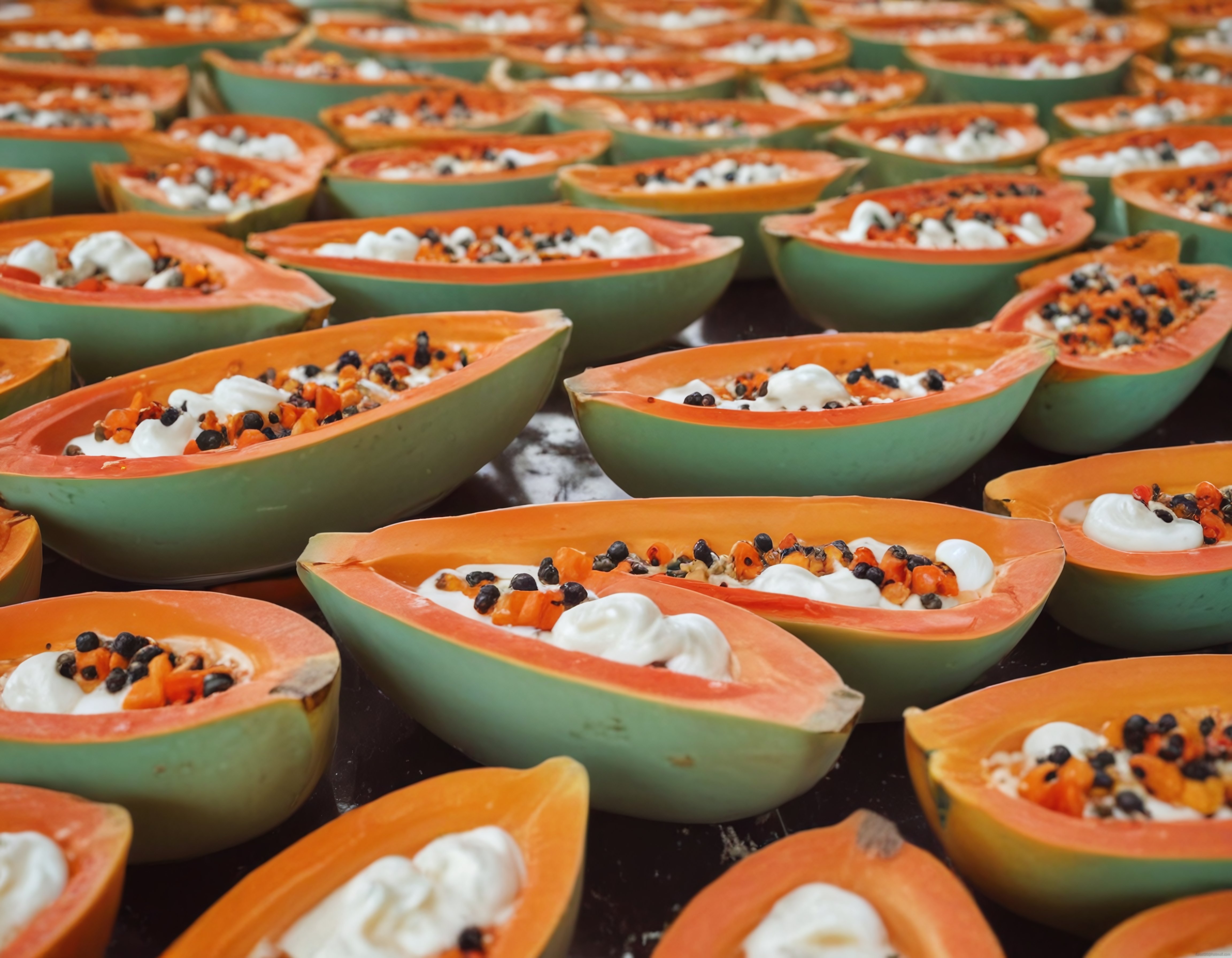 Papaya Dilimlerinde Yoğurtlu ve Tohumlu Lezzetli Kahvaltı Sunumu