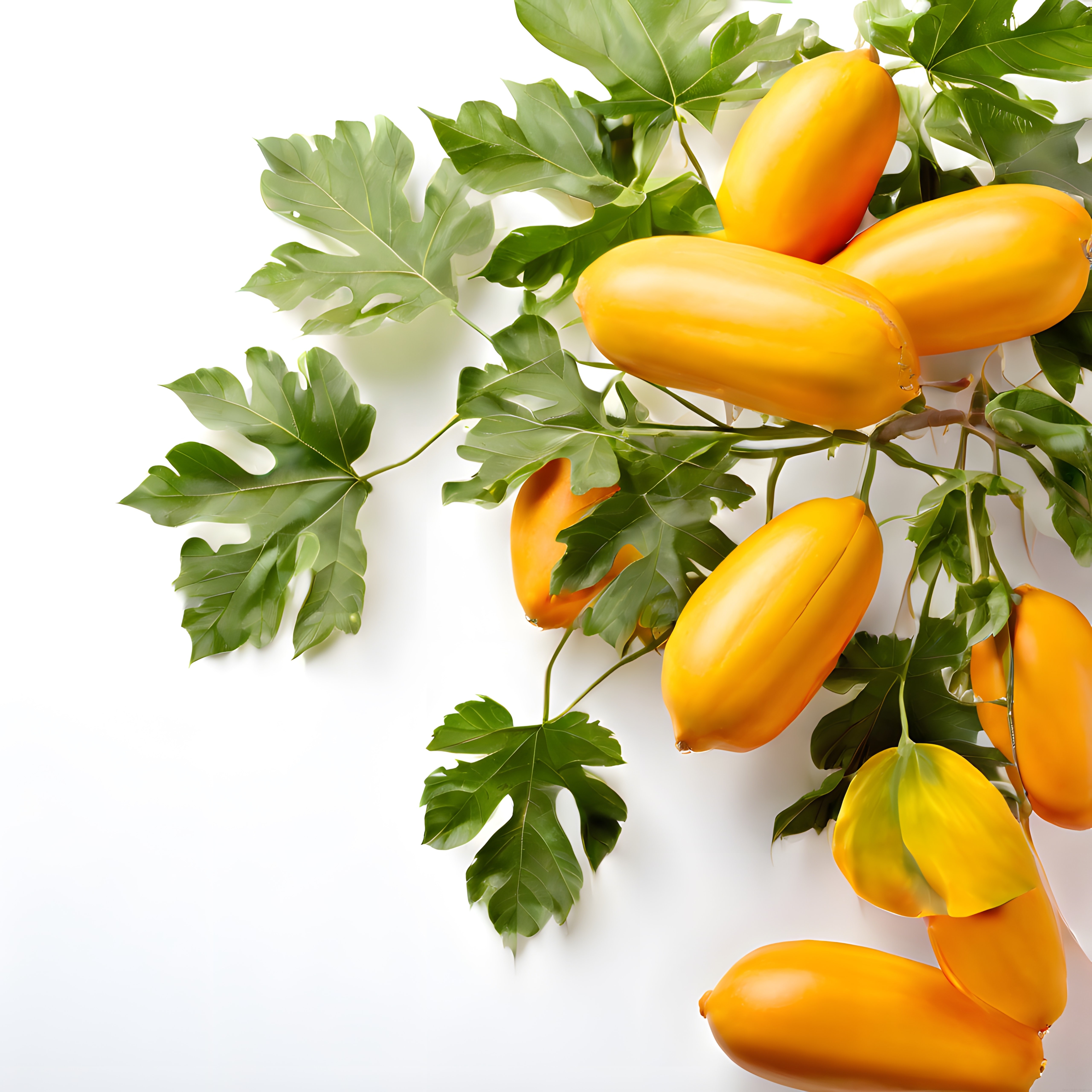 Papaya Meyveleri ve Yeşil Yapraklarıyla Beyaz Arka Planda Tropikal Lezzet
