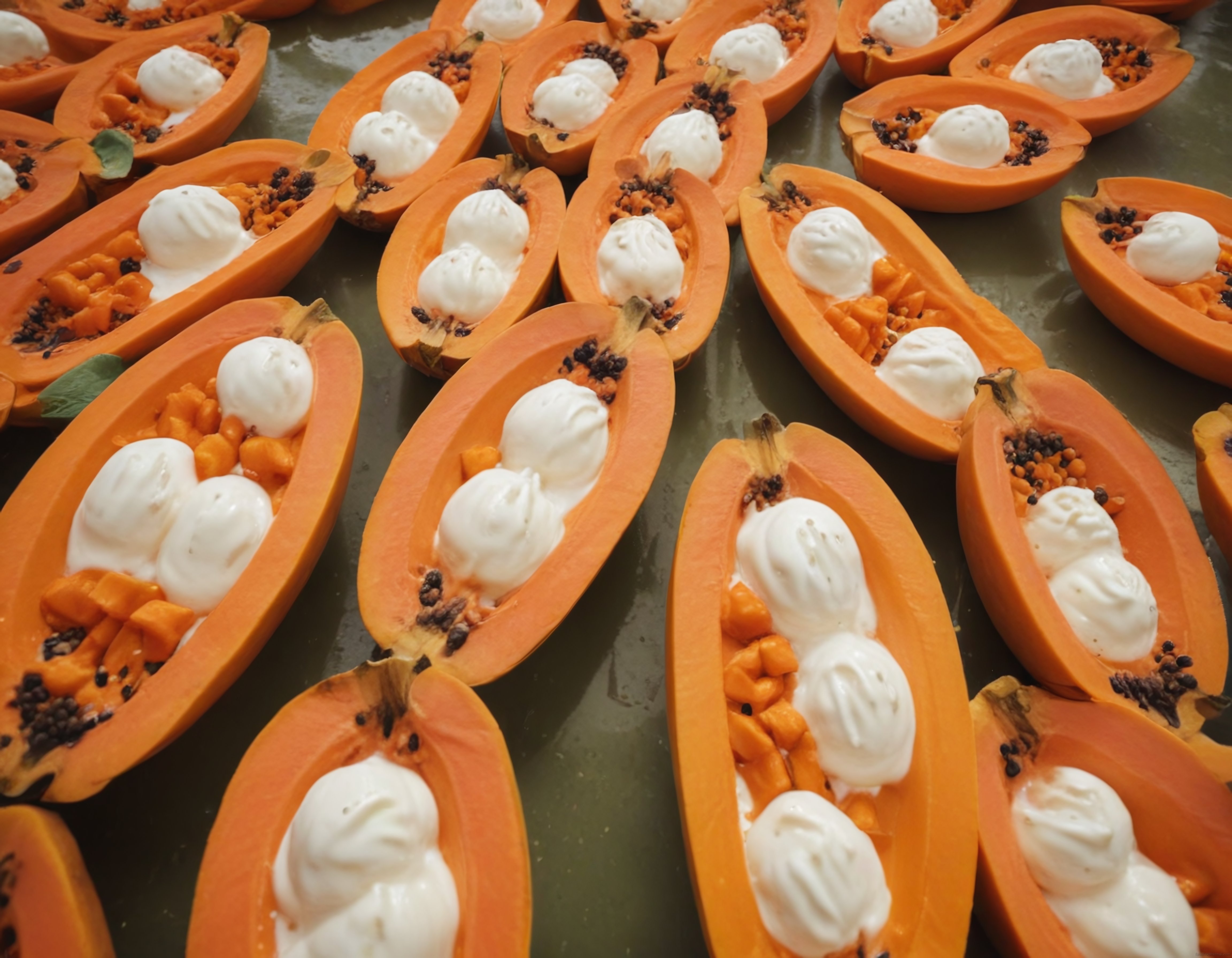 Papaya Teknelerinde Dondurma ile Tropikal ve Ferahlatıcı Yaz Tatlısı Sunumu