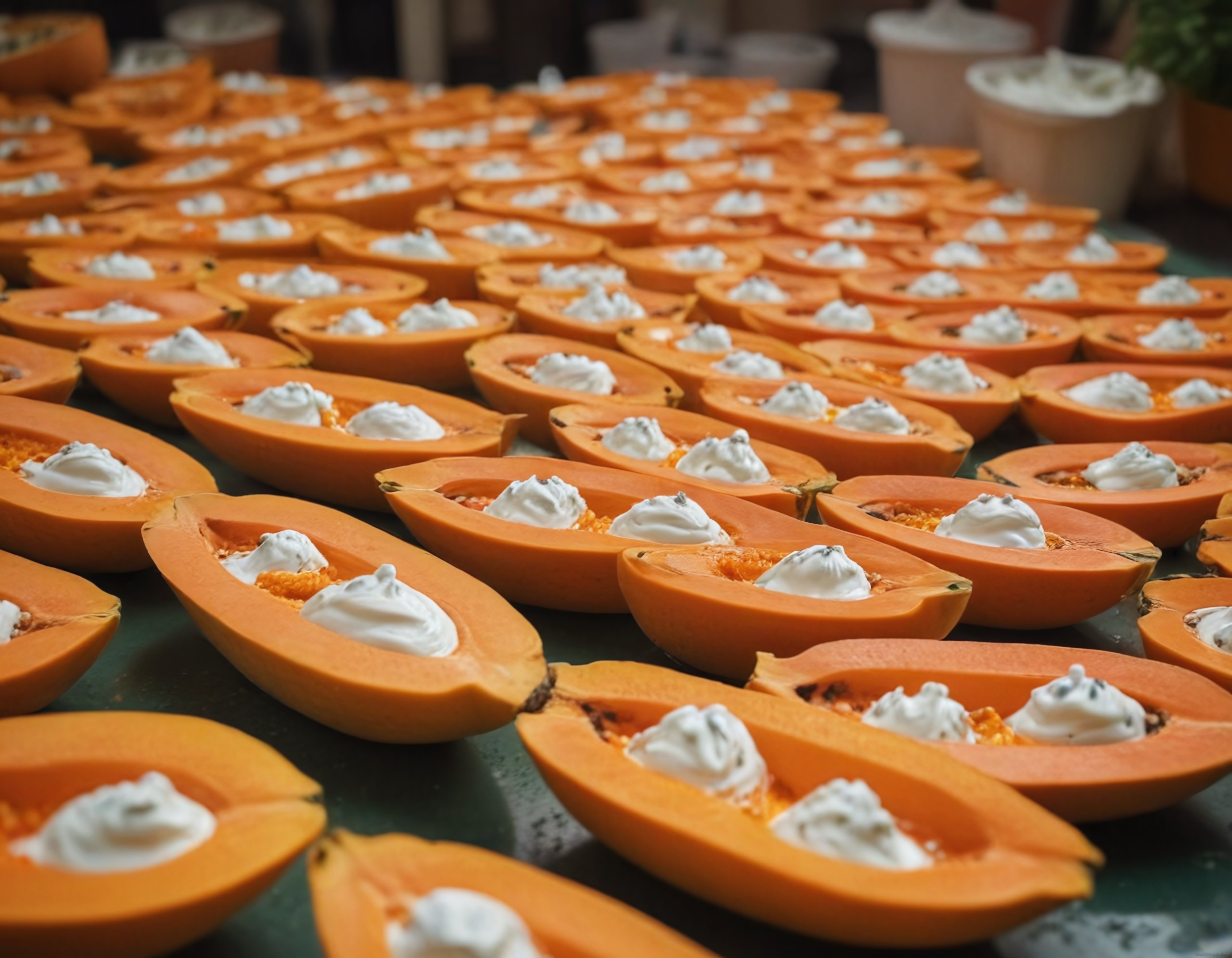 papaya yarımlarının üzerine krema sıkılmış toplu ikramlık sunum düzeni papaya yarımlarının üzerine krema sıkılmış toplu ikramlık sunum düzeni