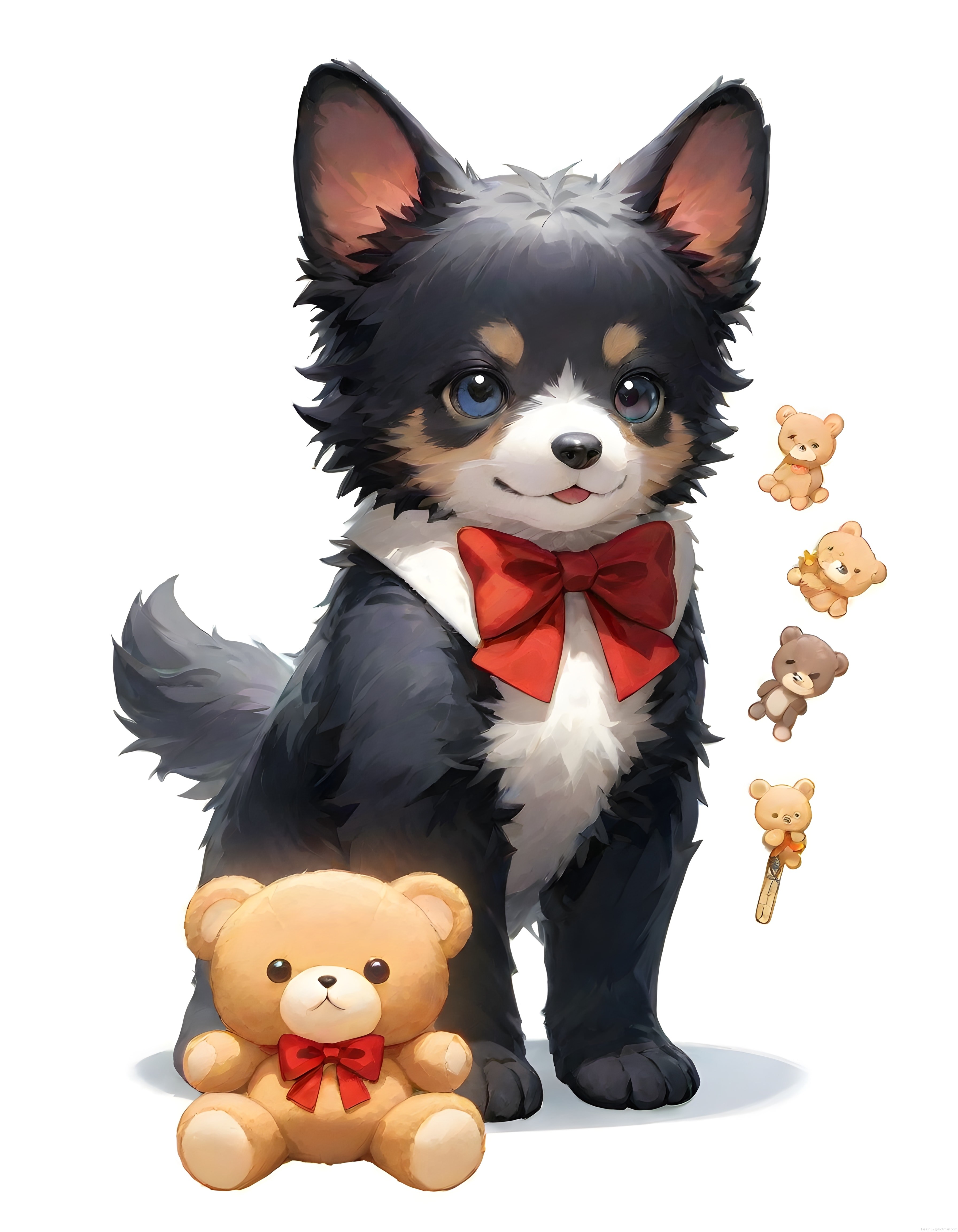 Papyonlu Sevimli Anime Köpek Yavrusu ve Oyuncak Ayı Dijital Çizim
