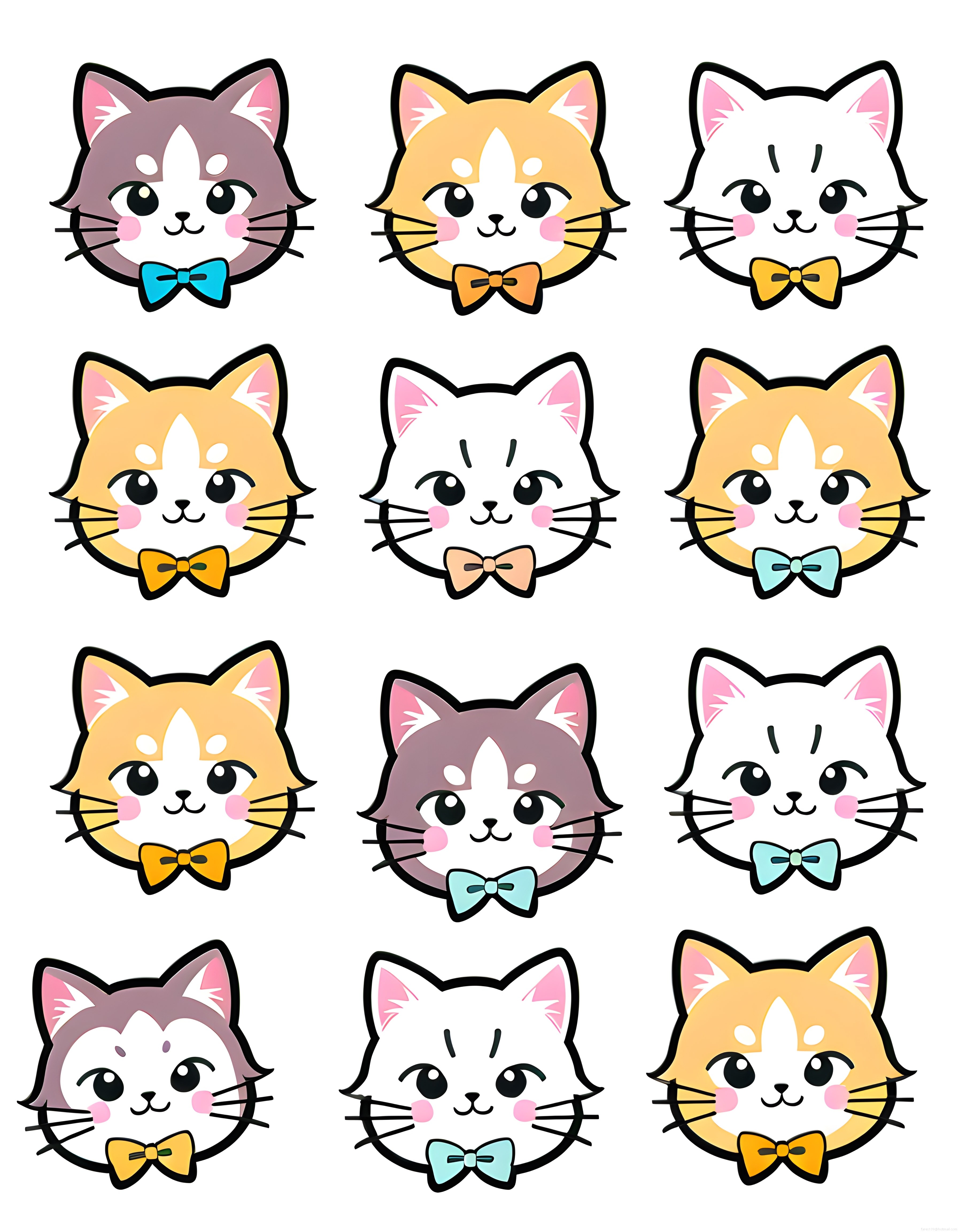 Papyonlu Sevimli Kedi Yüzleri: Kawaii Vektör Çizim ve Çıkartma Seti