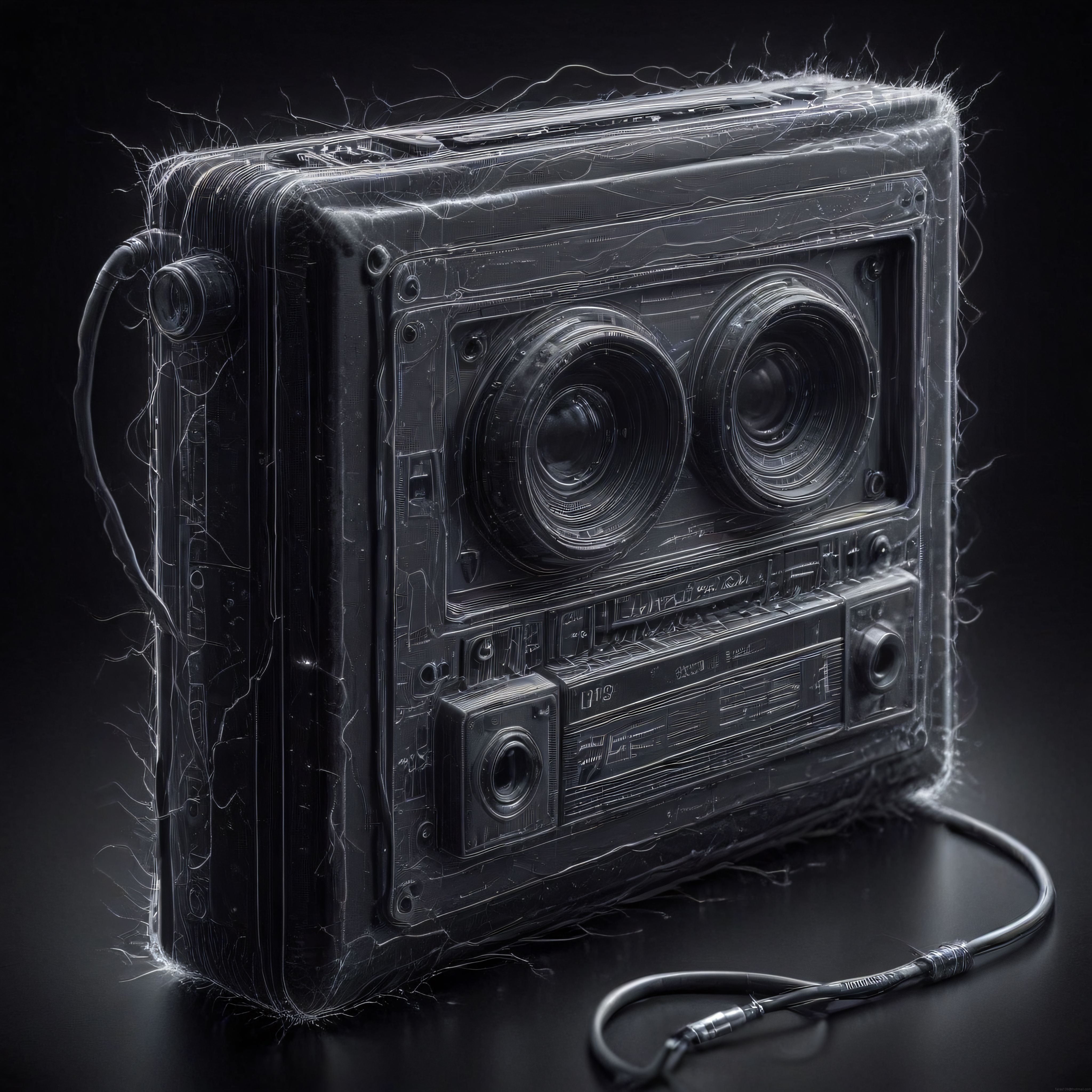 Parçacık efektleriyle çevrili jelatinize görünümlü vintage boombox sanat çalışması