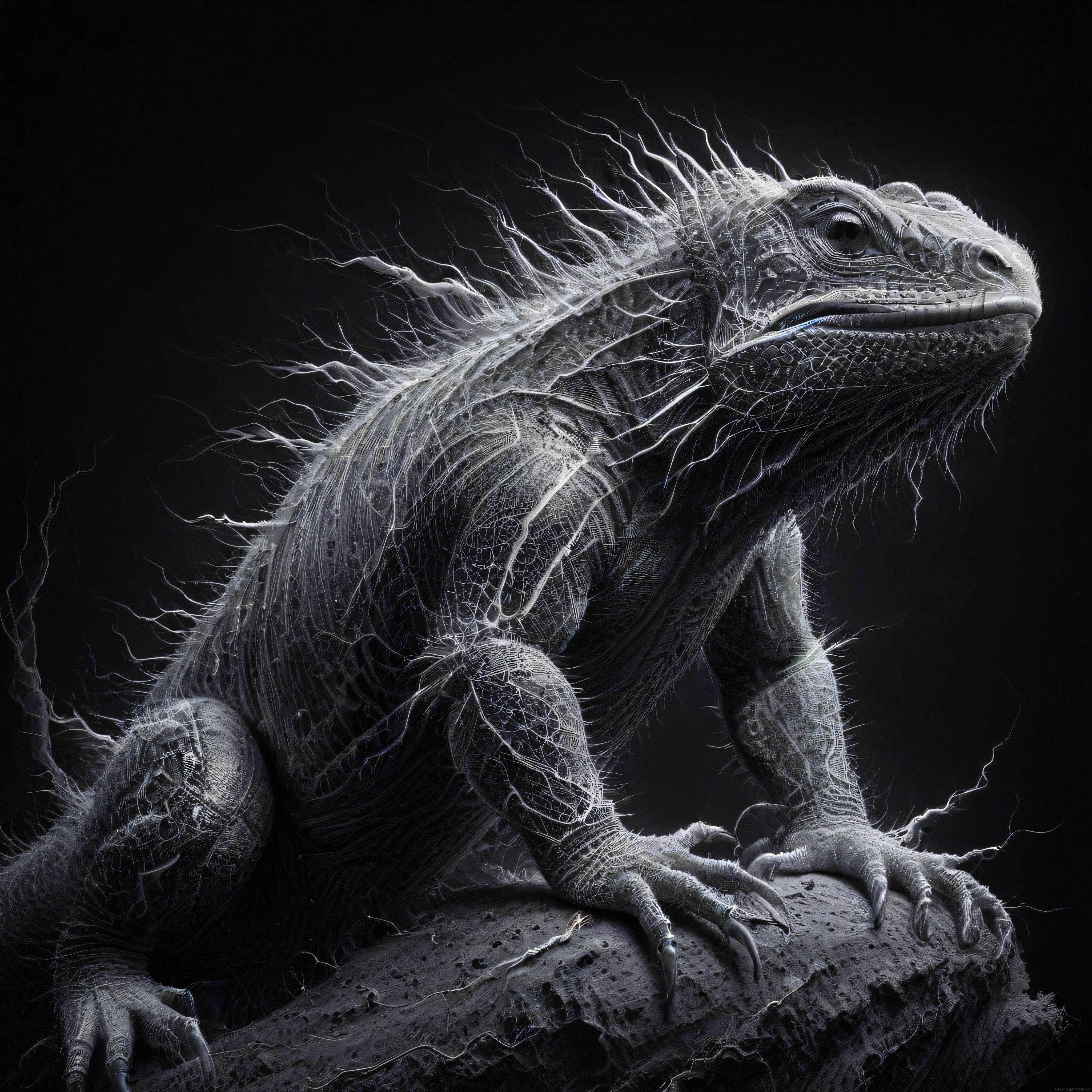 Parçacık Efektli Iguana Portresi: Siyah Beyaz Dijital Sanat Çalışması