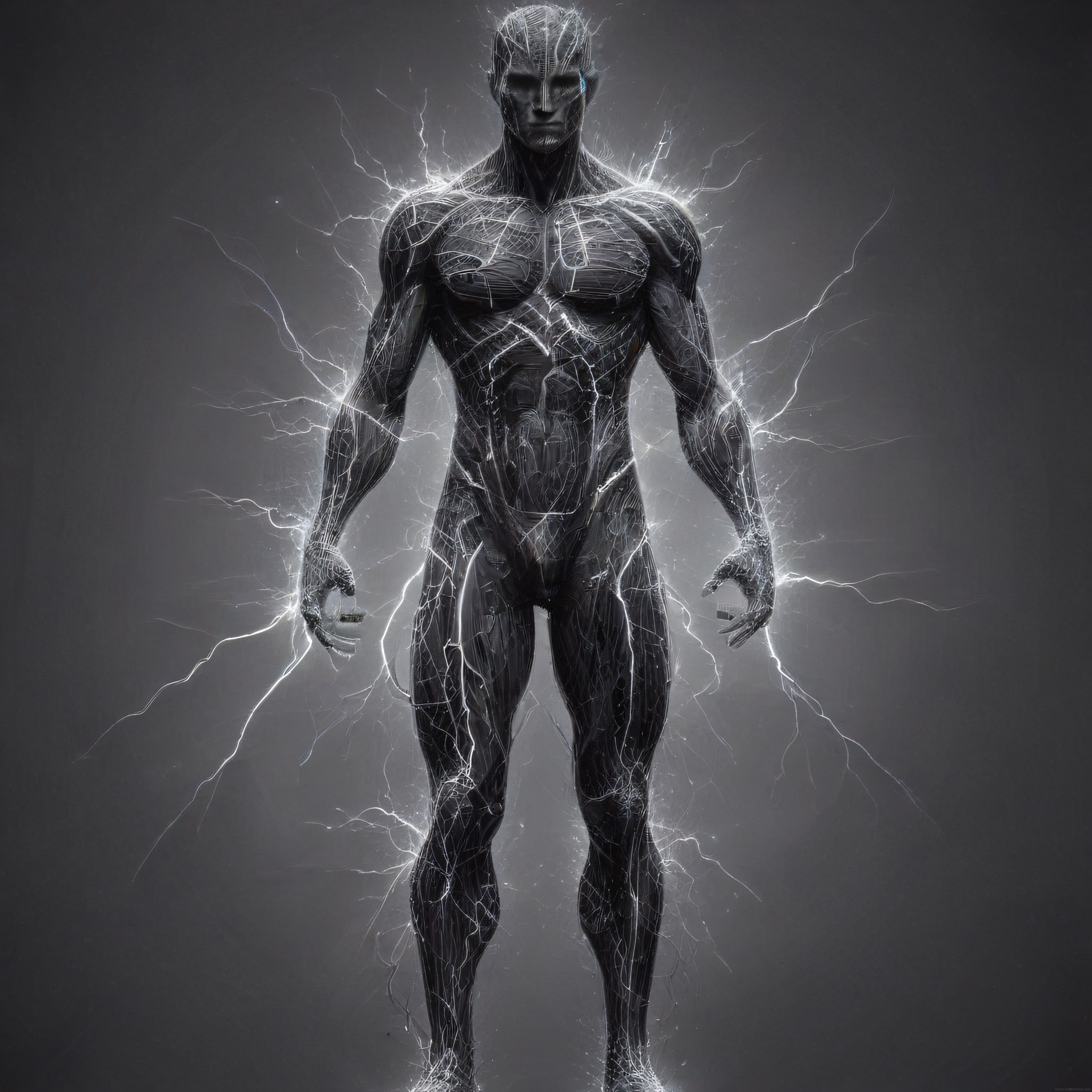 Parçalanmış Kristal Yüzeyli ve Etrafında Şimşek Çakan Gizemli Humanoid