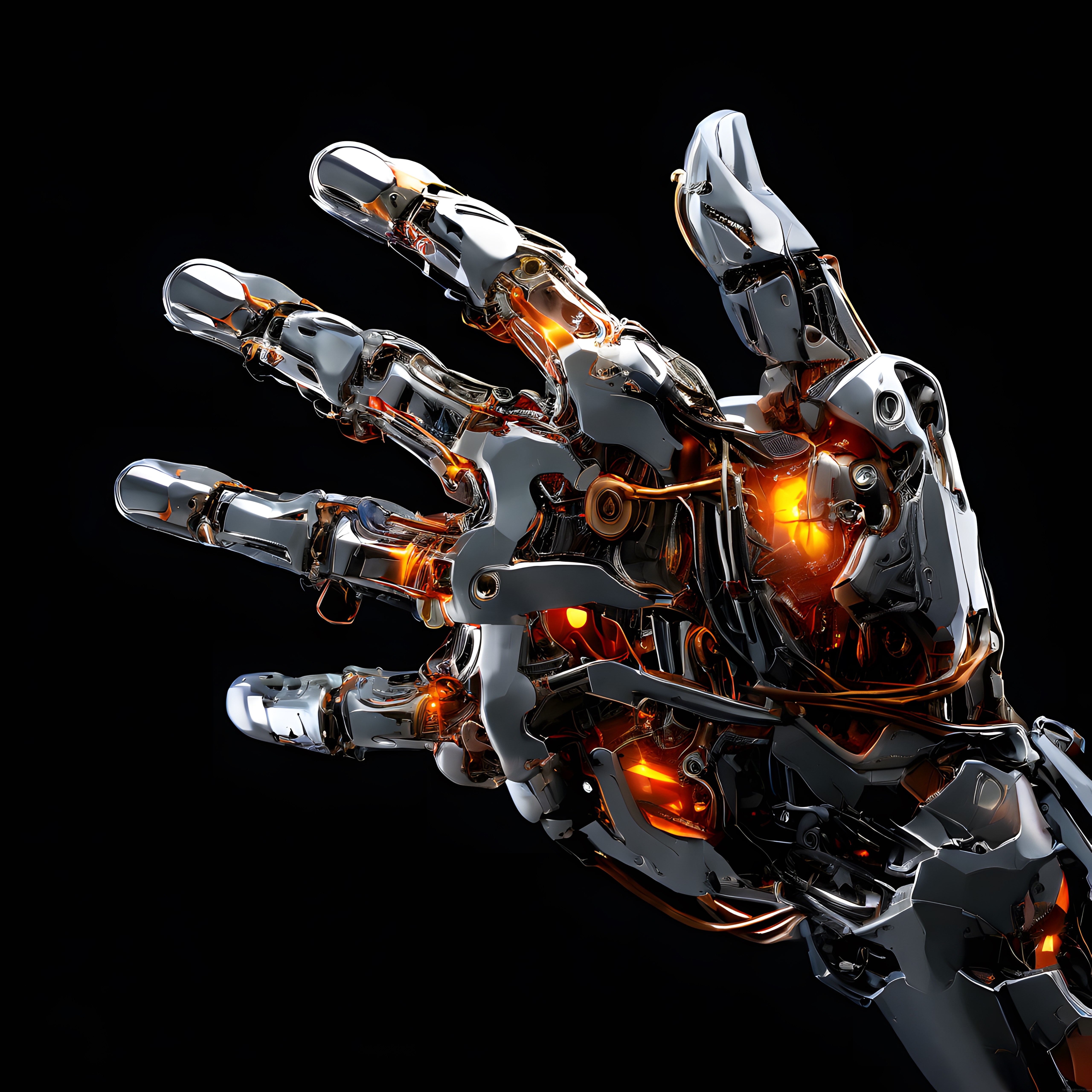 Parçalanmış Krom Robot Eli: İçinden Sızan Yoğun Amber Işık ve Mekanizma
