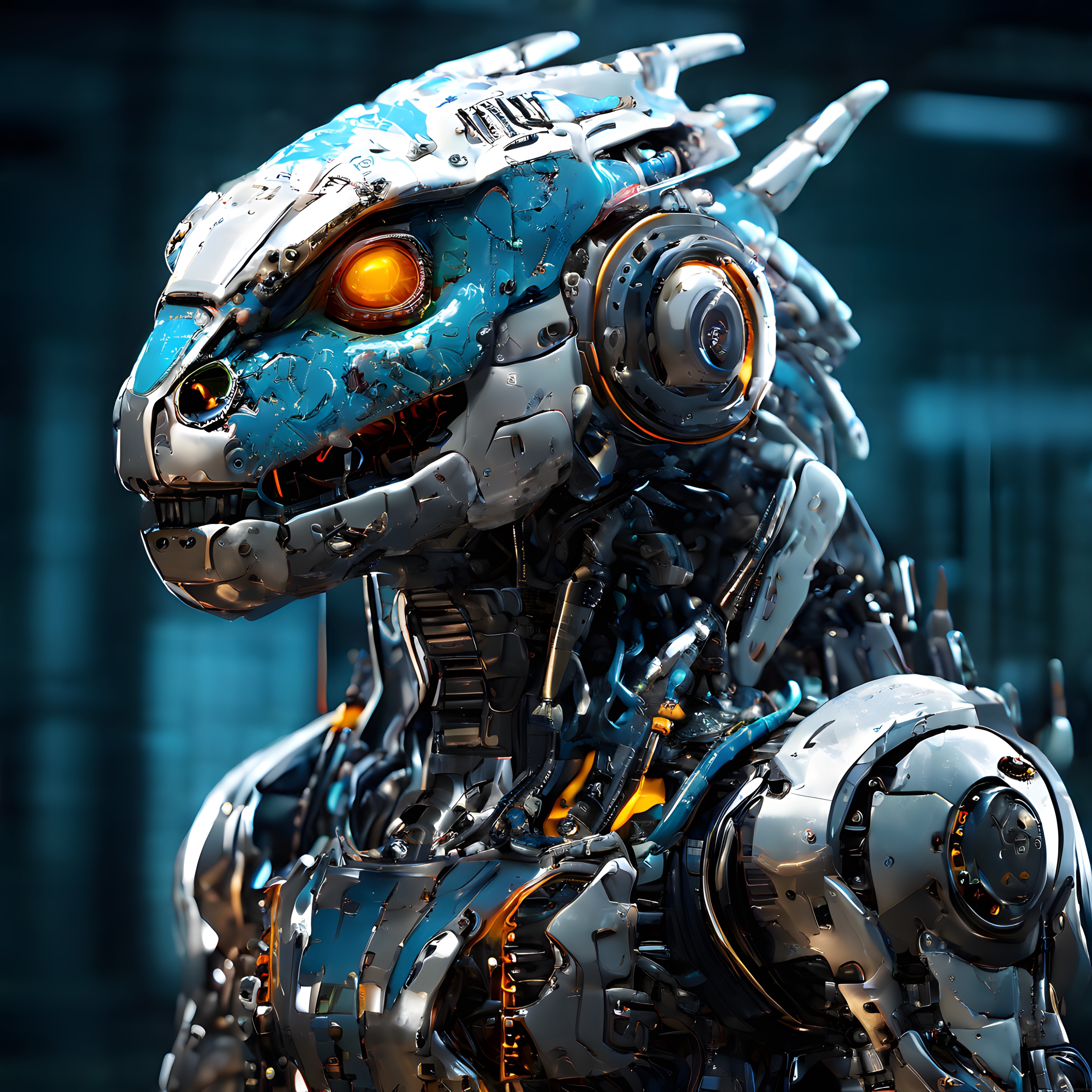 Parçalanmış Mavi Metal: Geleceğin Mekanik Dinozor Robotu ve Çelik Çeneleri