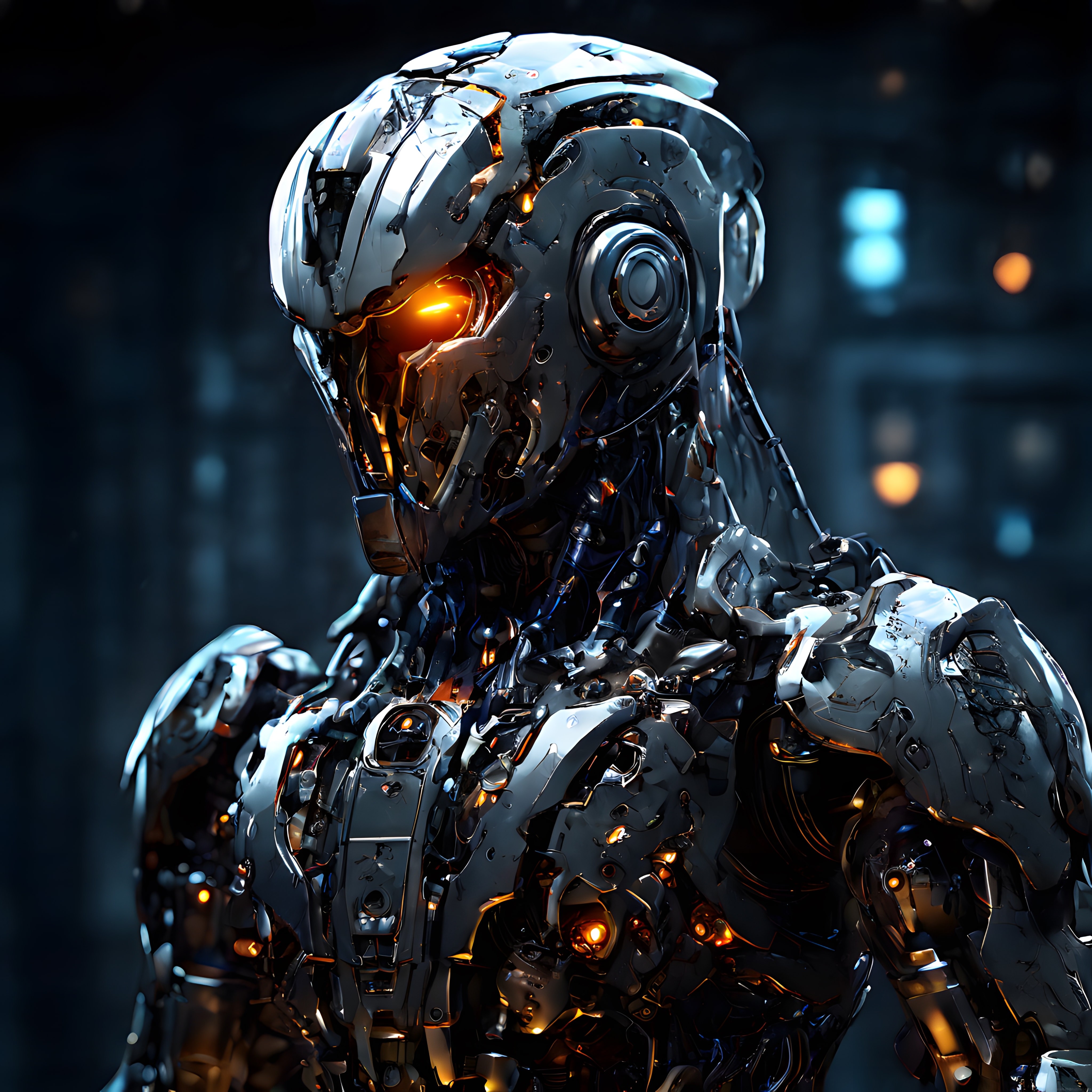 Parçalanmış Metal Robot: Karanlık Atmosferde Hasarlı Android Portresi