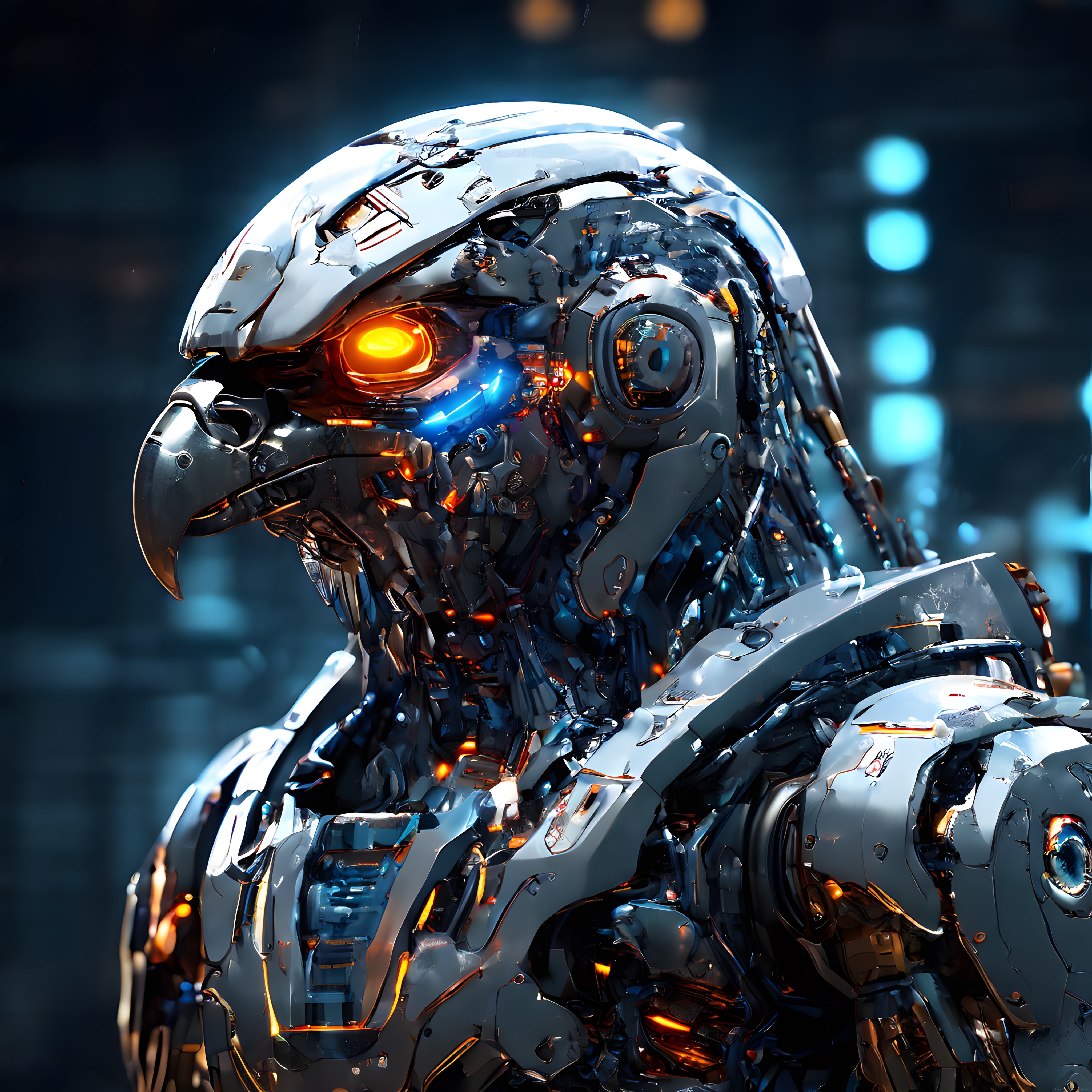 Parçalanmış Metal Zırhlı Mekanik Kartal Robotun Bilim Kurgu Portresi