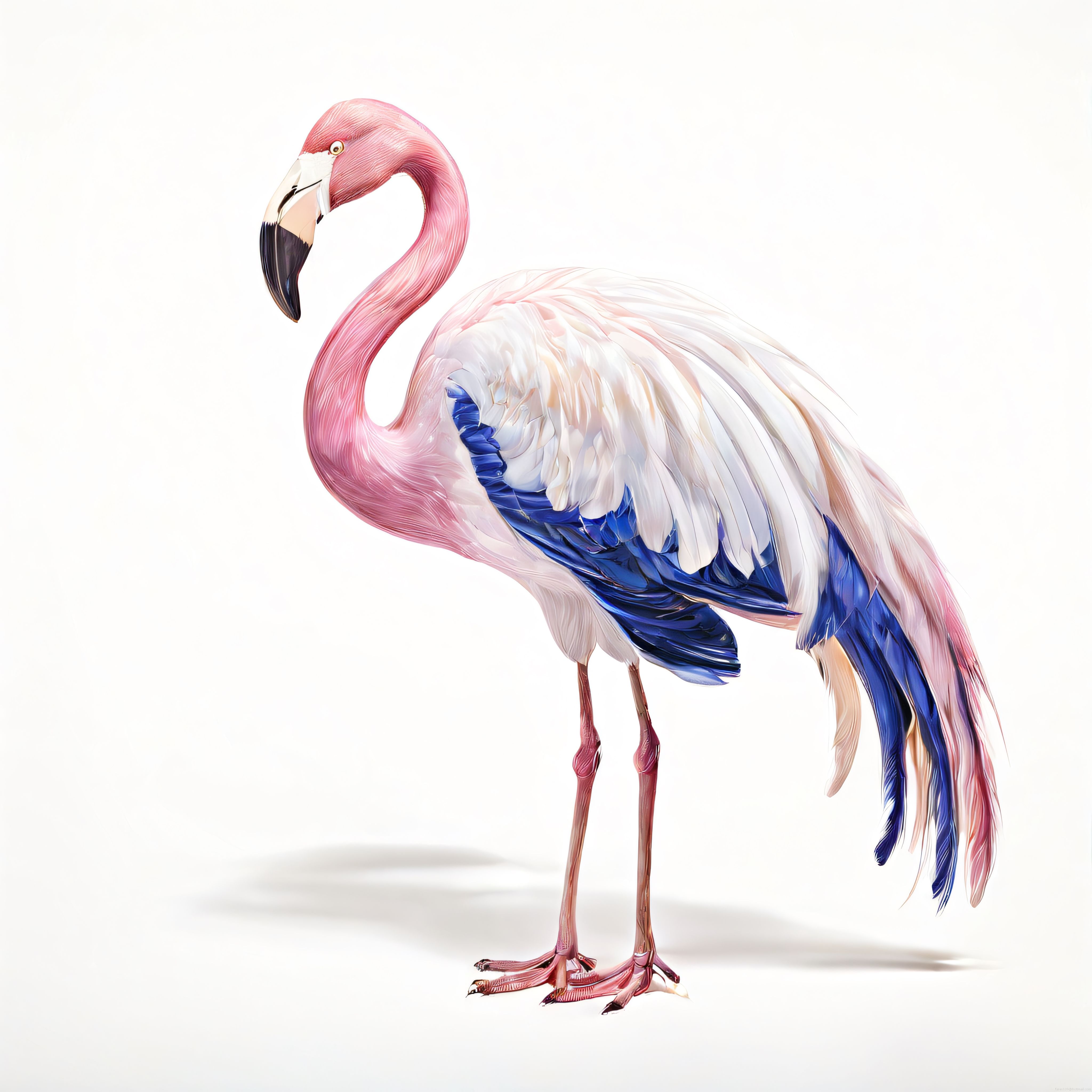 Parçalı Mavi Tüy Detaylarıyla Beyaz Zeminde Duran Pembe Flamingo Figürü