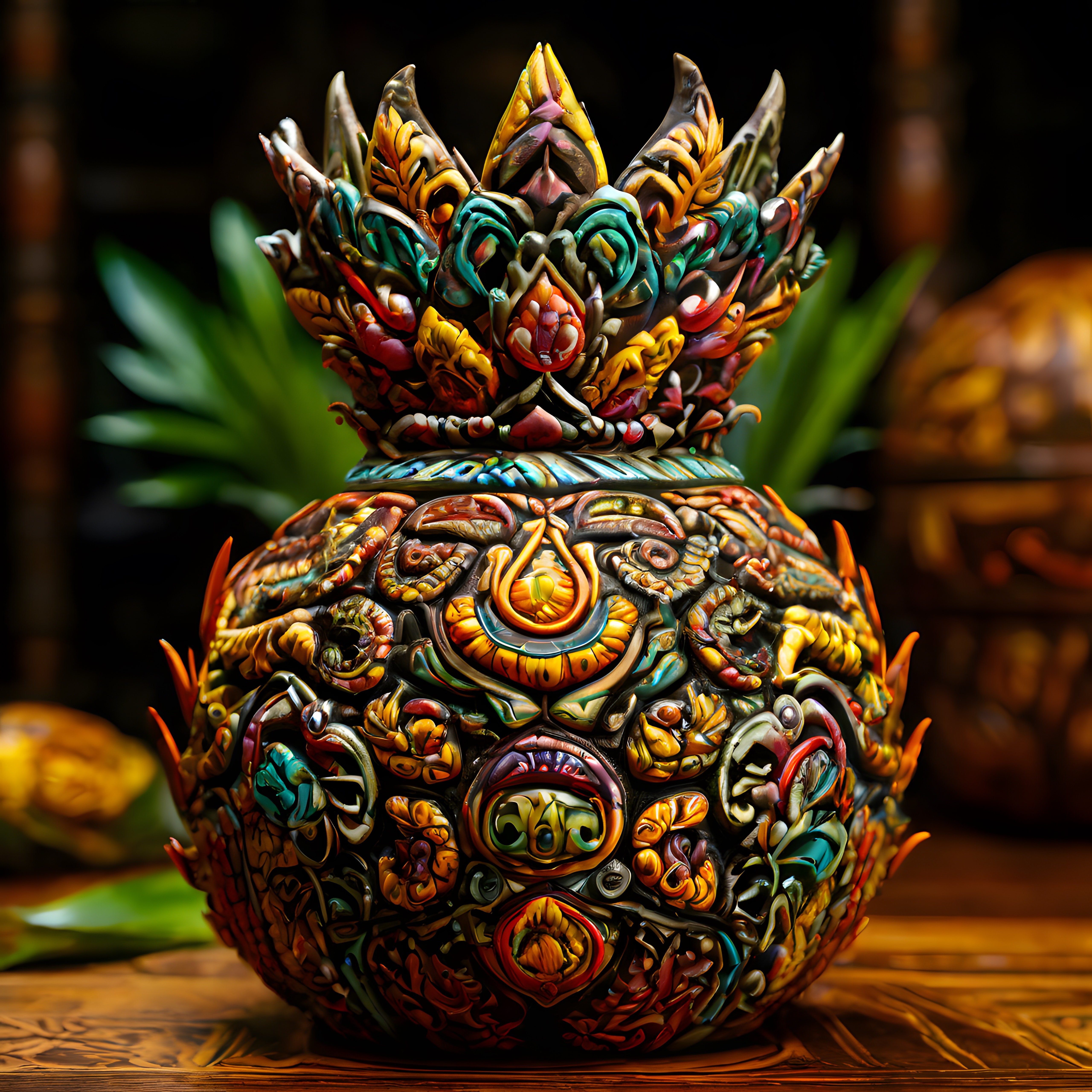 Parıldayan ananas formunda fantastik renkli organik desenli sanat objesi