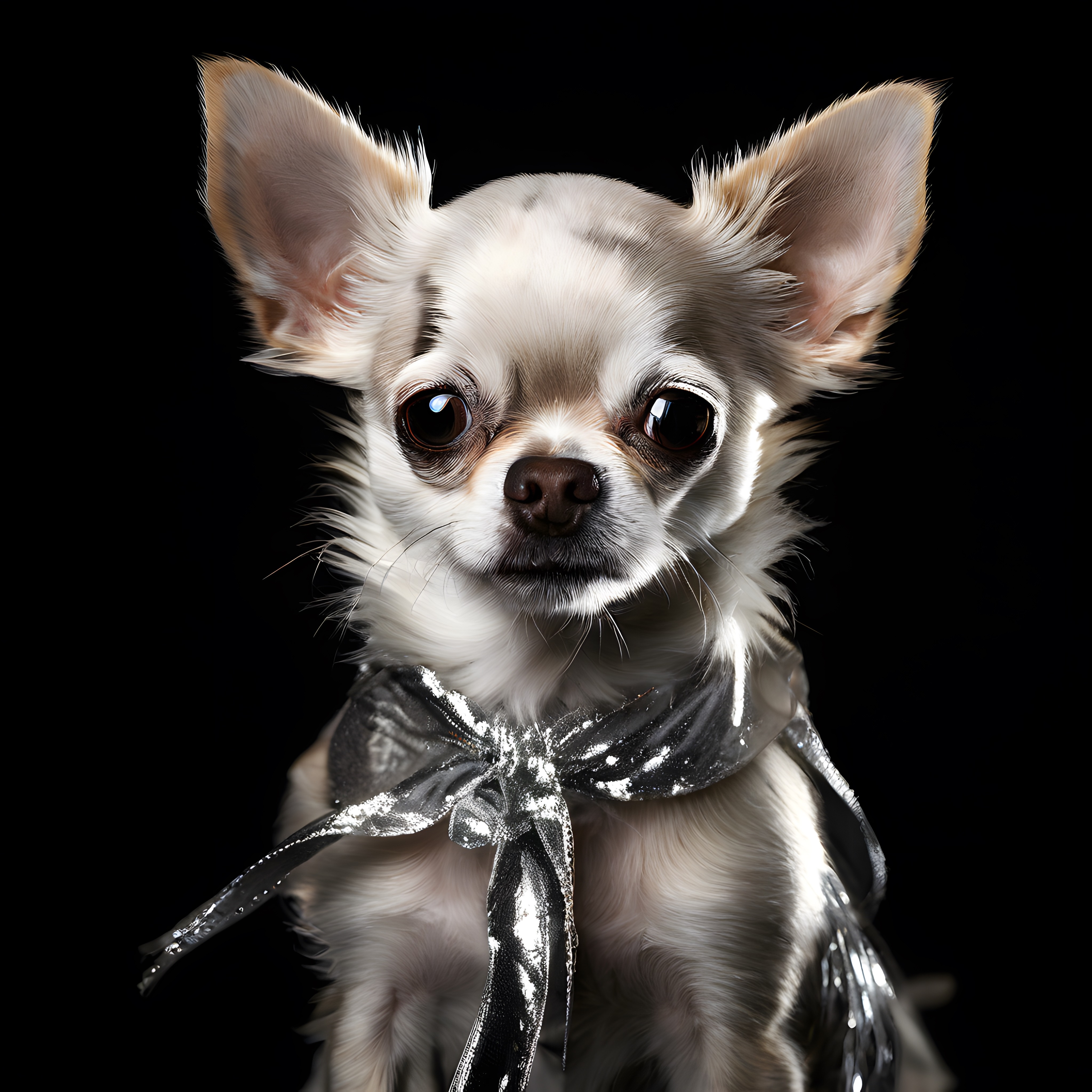 Parıldayan Gümüş Fularlı Chihuahua Portresi: Siyah Fon Üzerinde Maskot