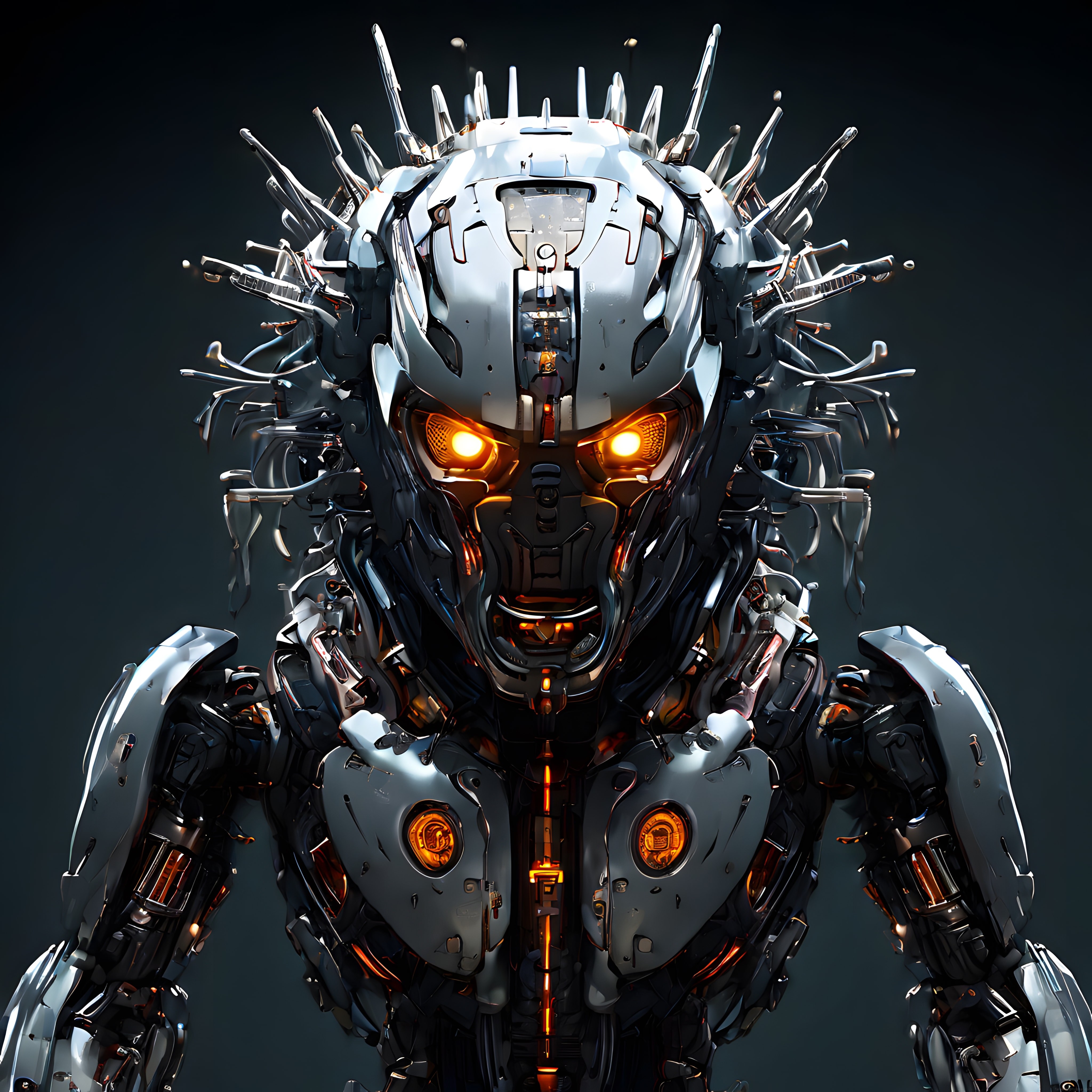 Parıldayan Turuncu Gözleriyle Geleceğin Mekanik Zırhlı Robot Portresi